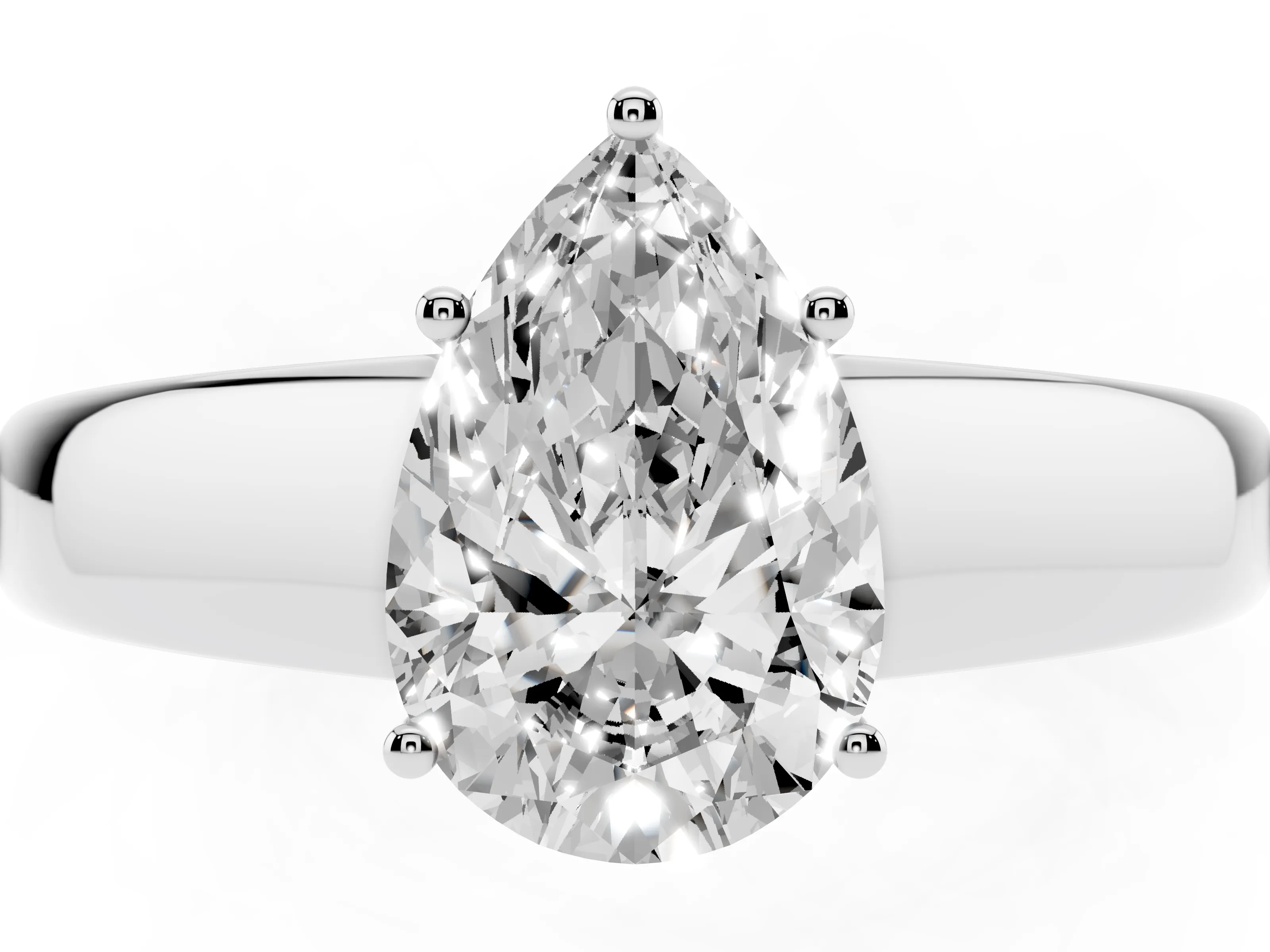 Pear Cut Diamond Solitaire Ring Set in White gold with Tapered Band and Prong Setting