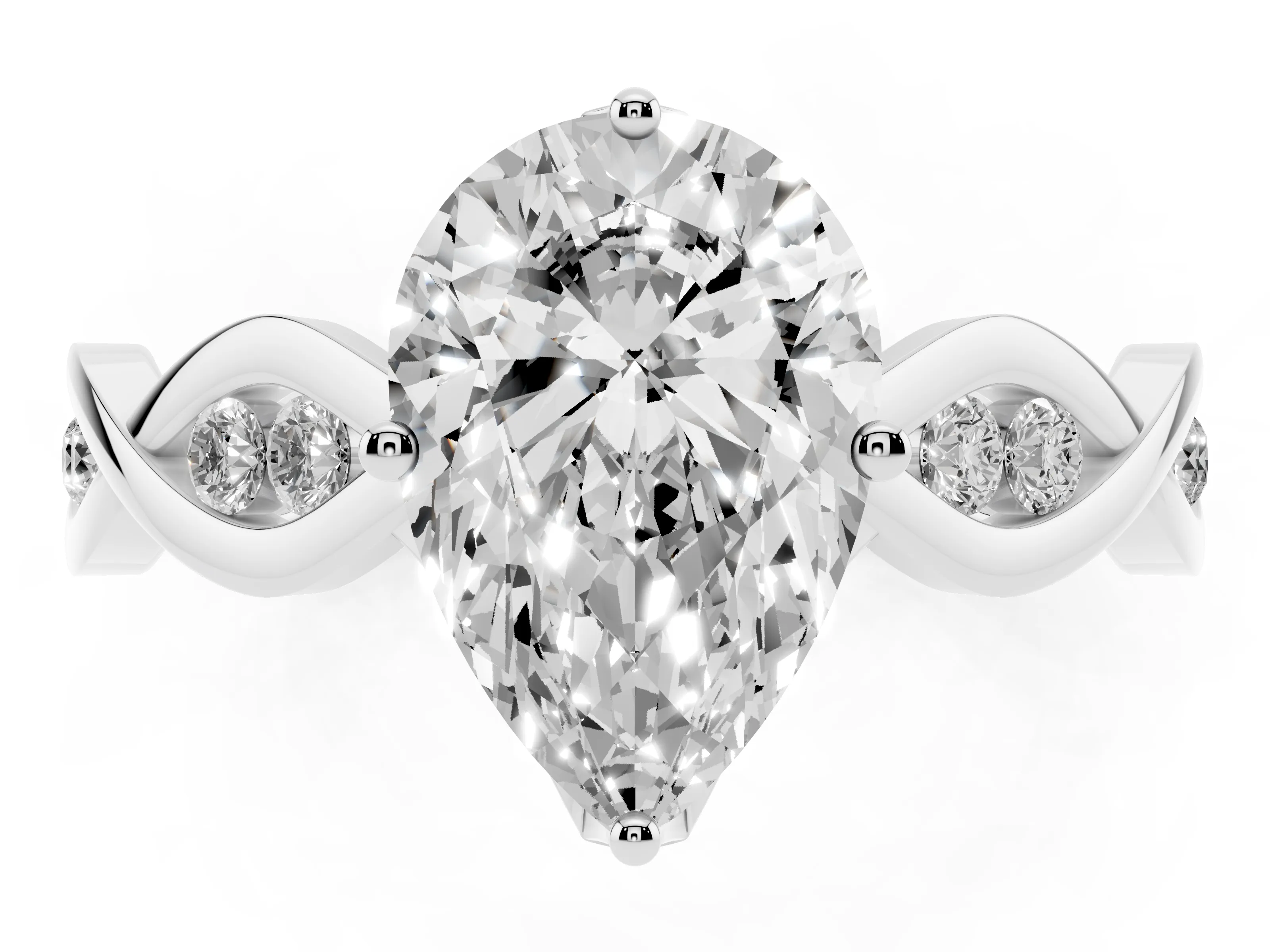 Pear Cut Diamond Twist Band Solitaire Ring Set in Silver with Leaf Prong Setting and Accent Stones