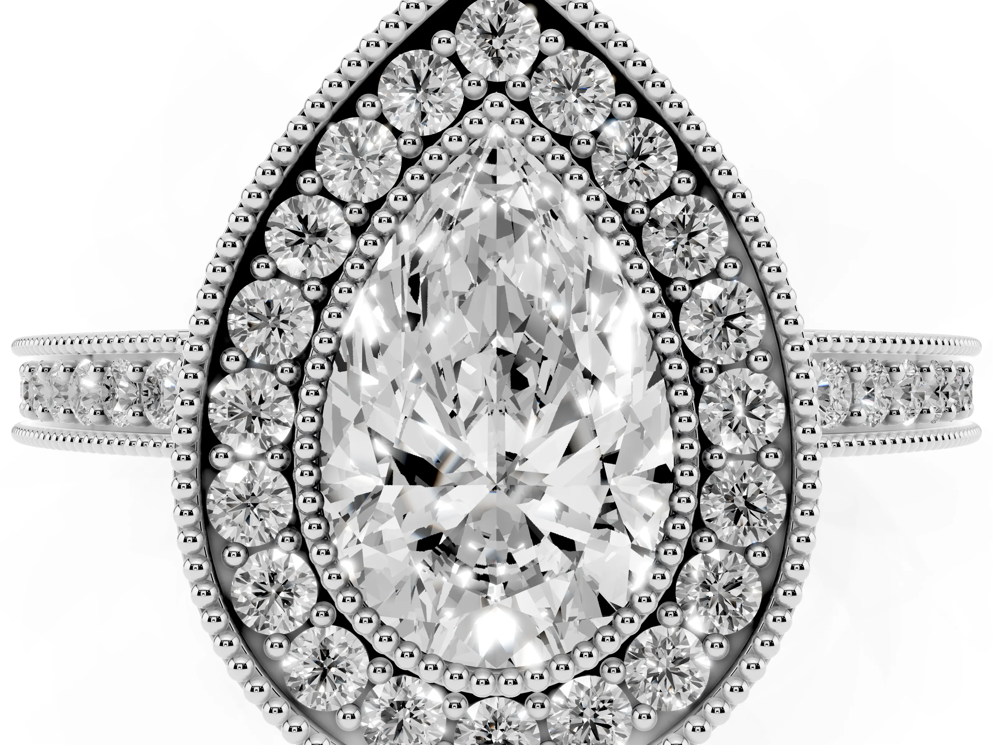 Pear Cut Diamond Round Halo Ring Set in White gold with Pavé Band