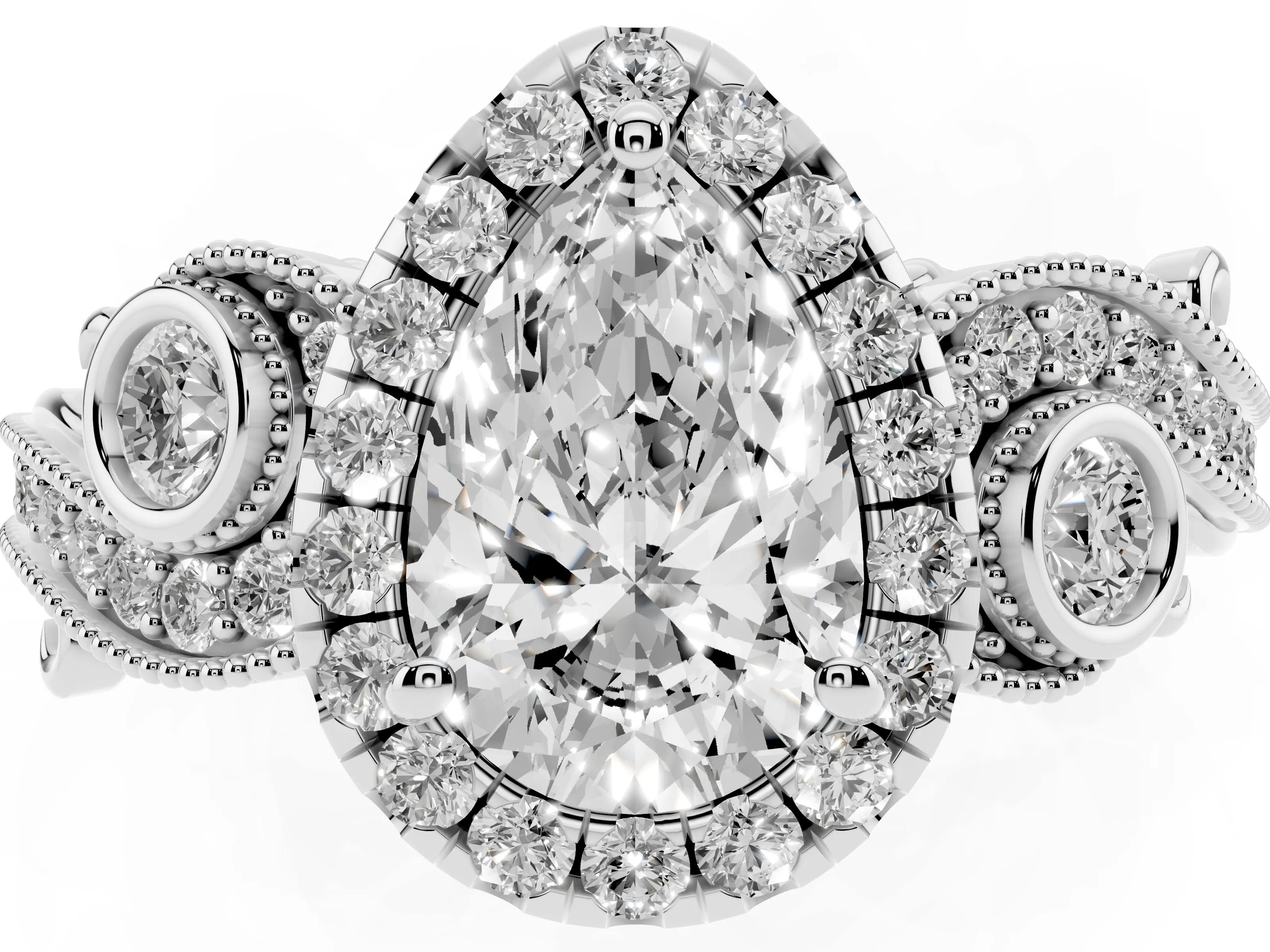 Pear Cut Diamond Halo Ring Set in Silver with Milgrain Pavé Band and Prong Setting