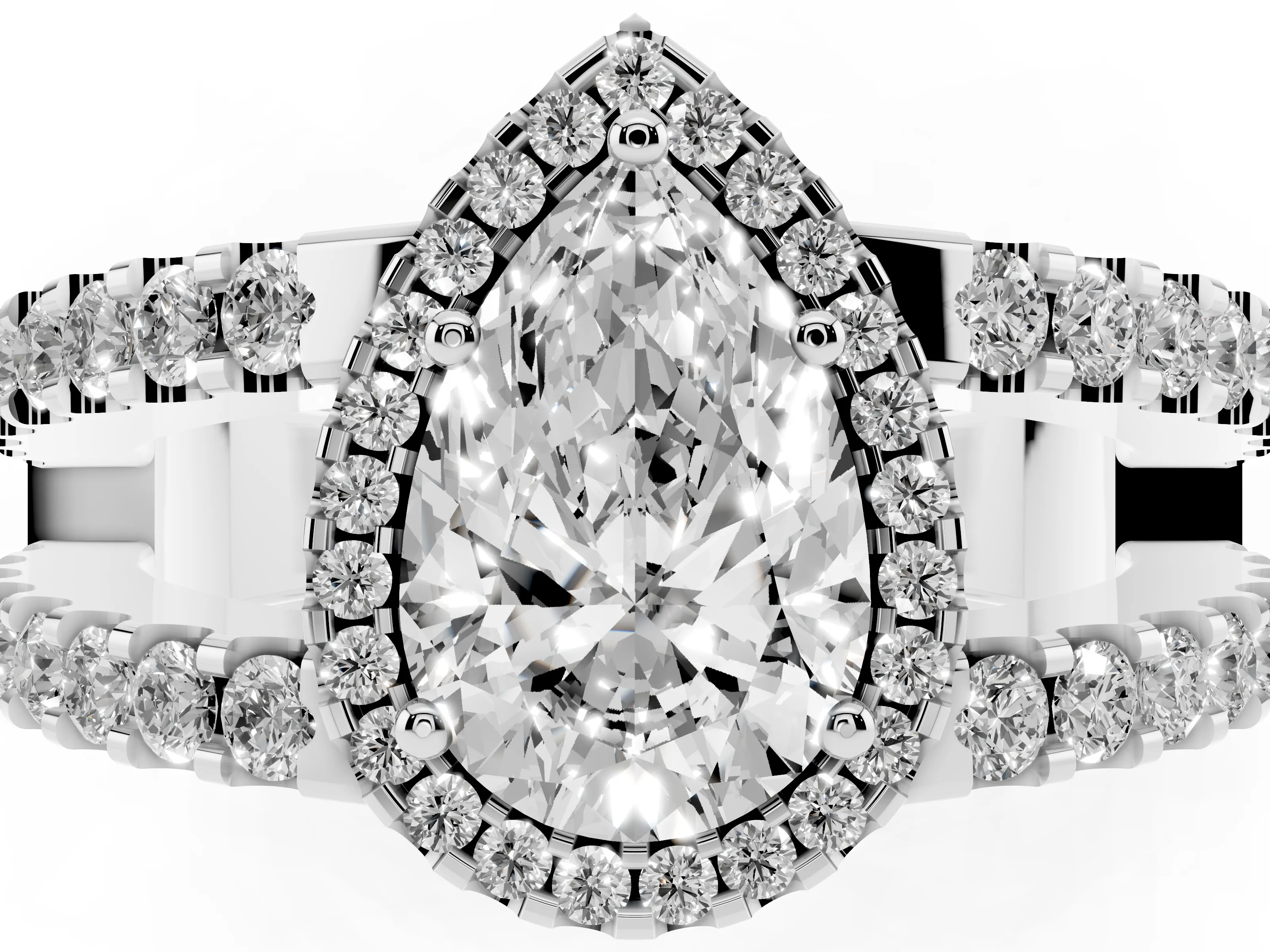 Pear Cut Diamond Halo Ring Set in White gold with Pavé Split Shank and Prong Setting