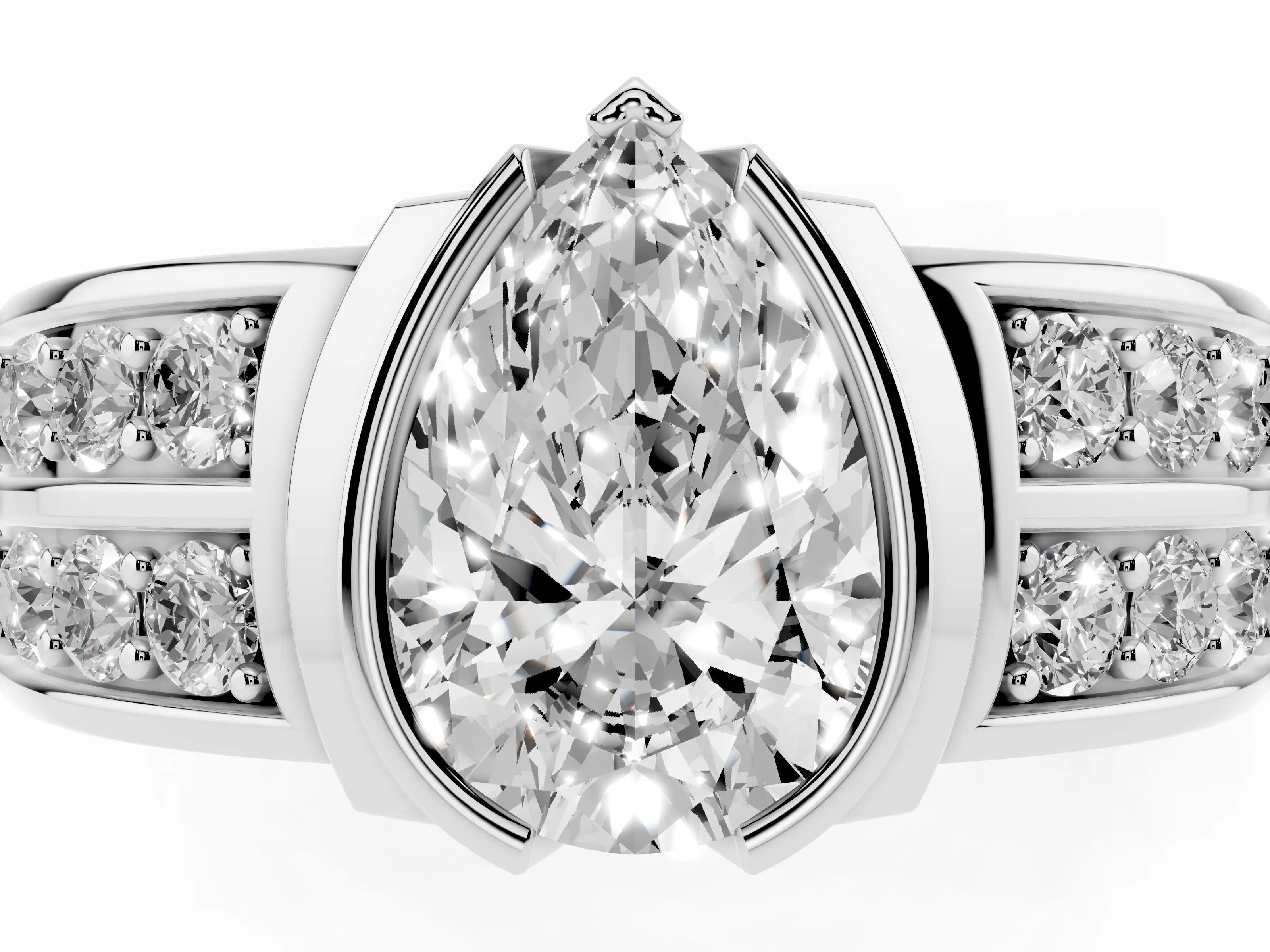 Pear Cut Diamond Wide Channel Set Band Ring Set in White gold with Bezel Setting