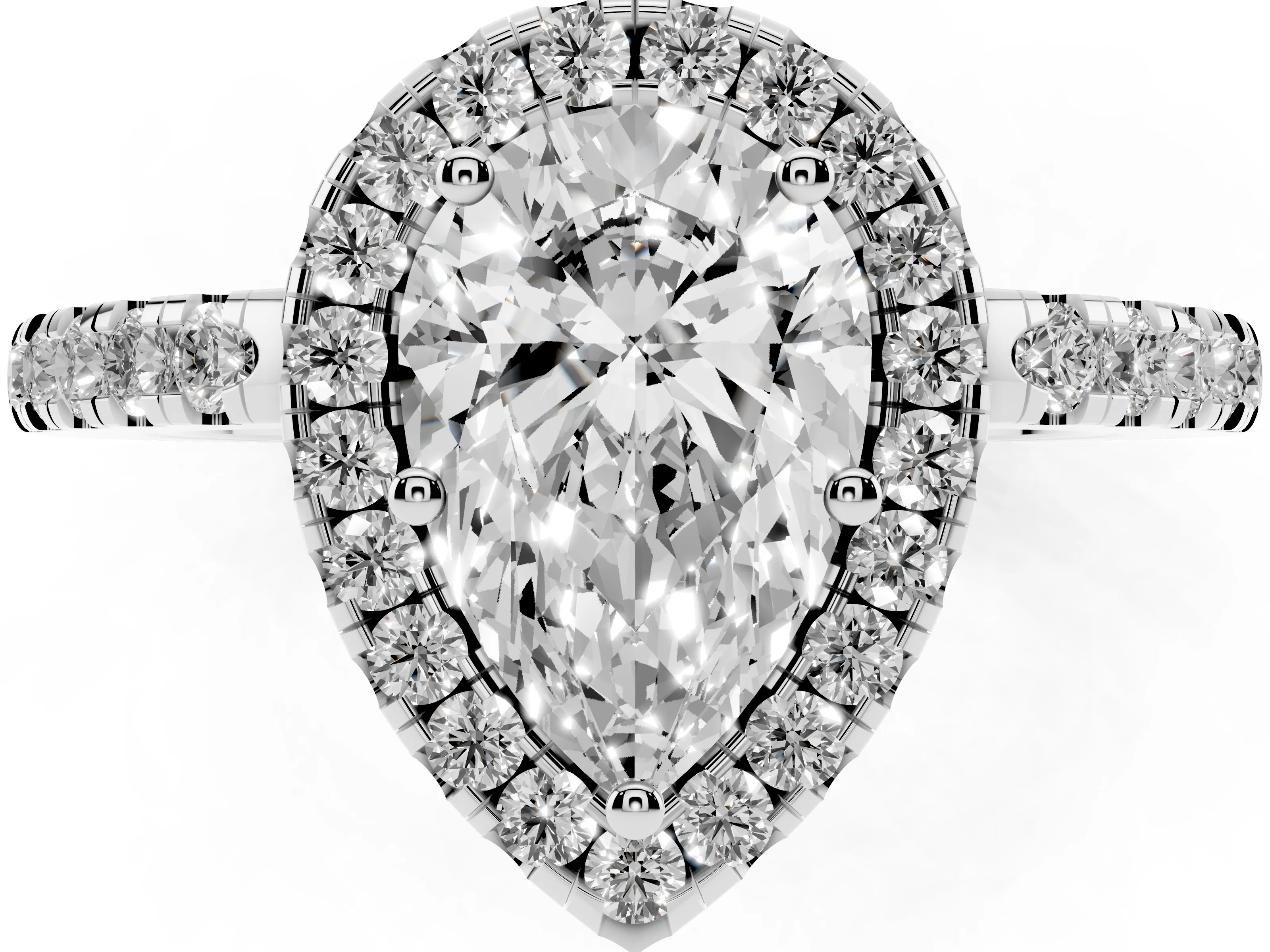 Pear Cut Diamond Pavé Band Halo Engagement Ring Set in Silver with Prong Setting