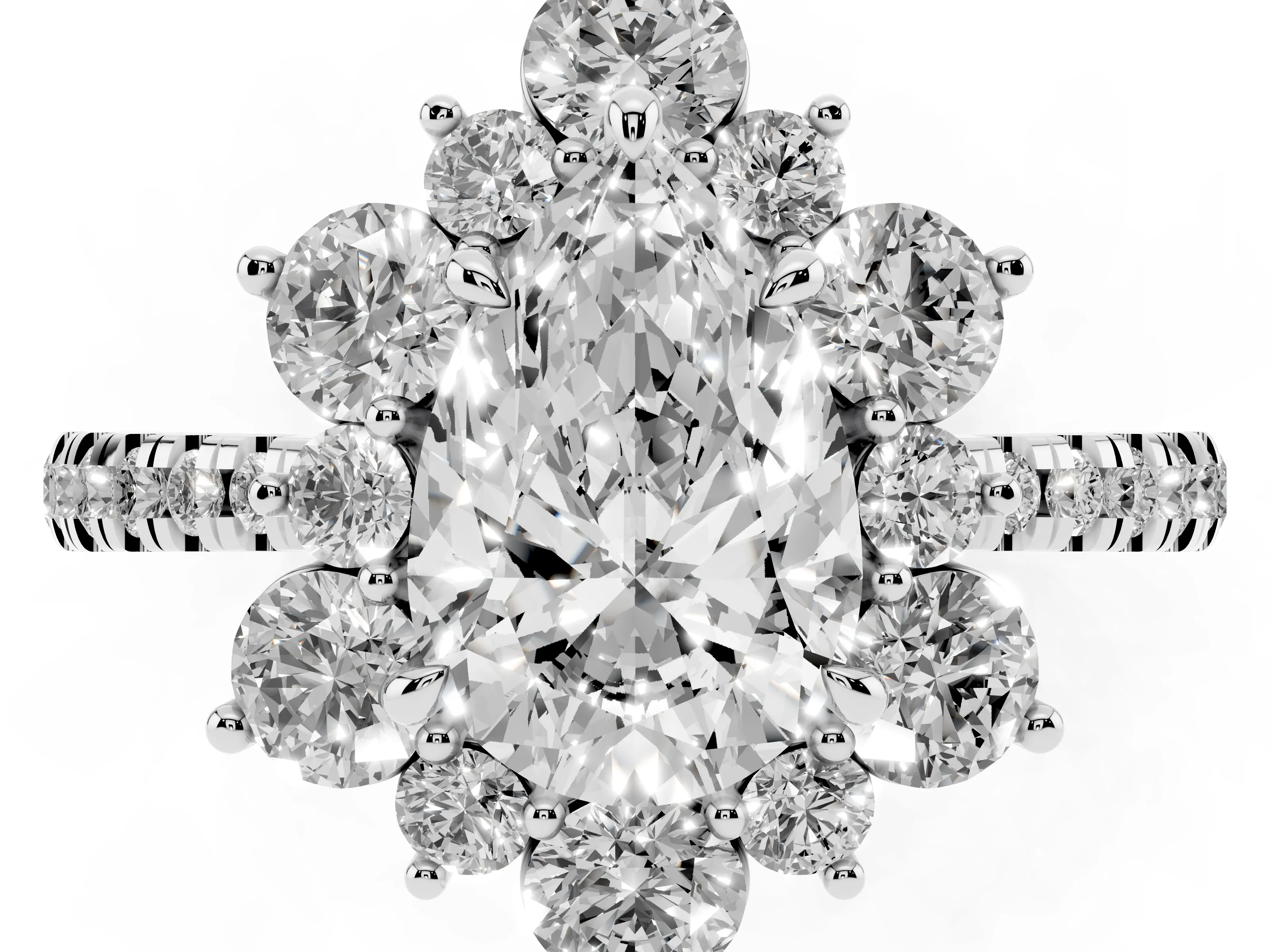 Pear Cut Diamond Floral Halo Ring Set in White gold with Round Pavé Band and Prong Setting