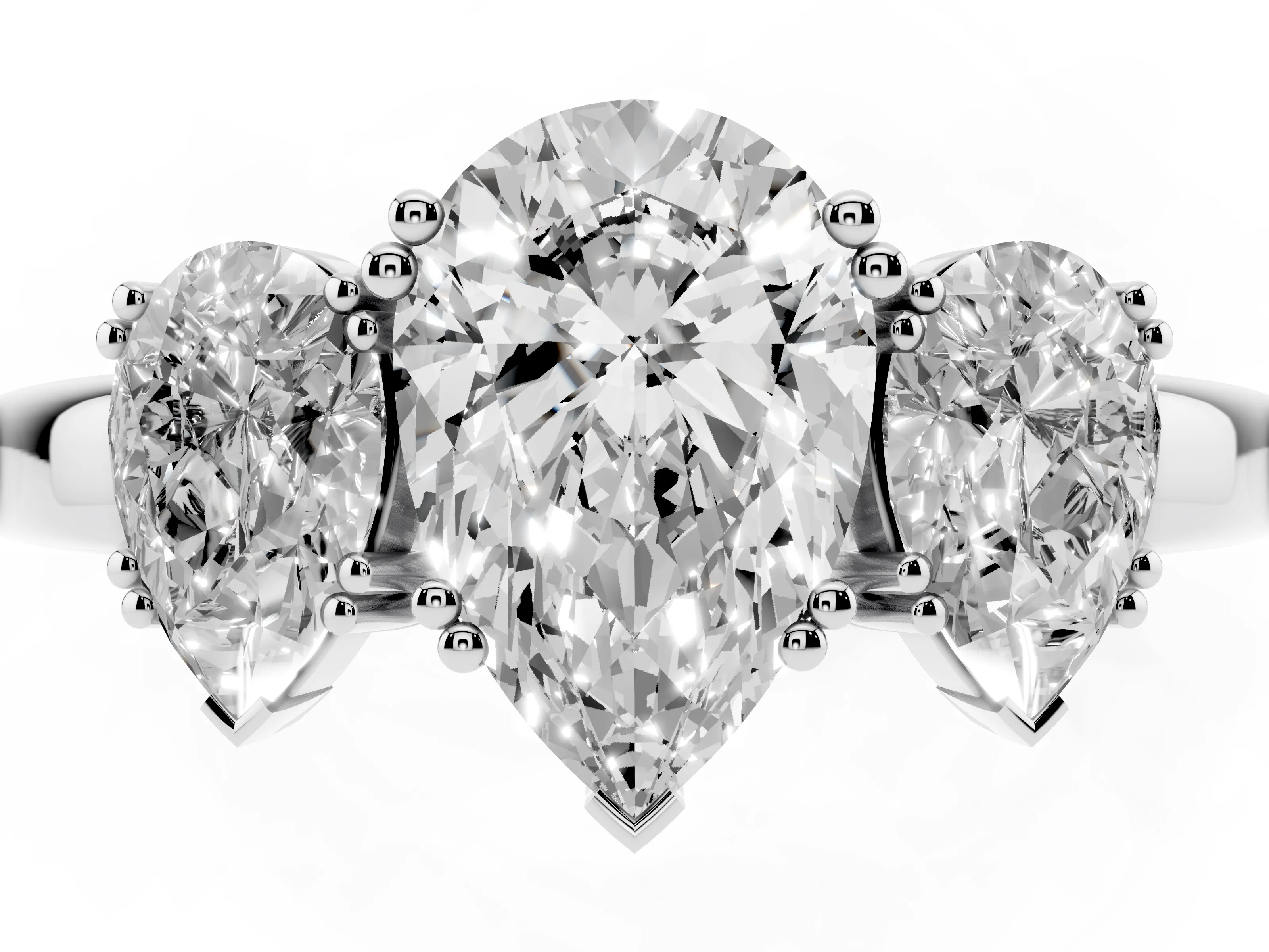 Pear Cut Diamond Three-Stone Ring Set in Platinum with Polished Channel-Set Band