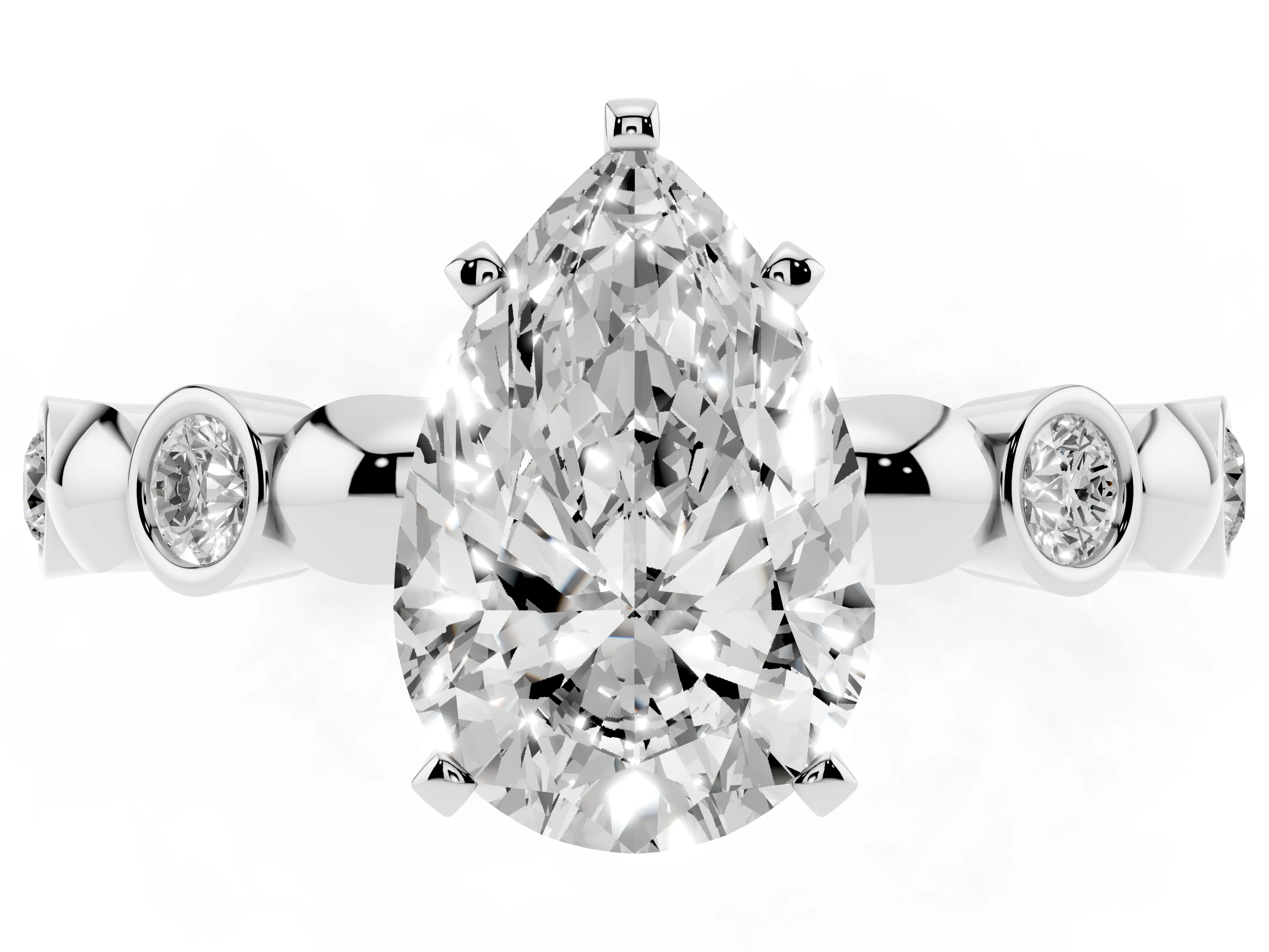 Pear Cut Diamond Solitaire Ring Set in White gold with Bezel-Set Accents on Beaded Band and Prong Setting