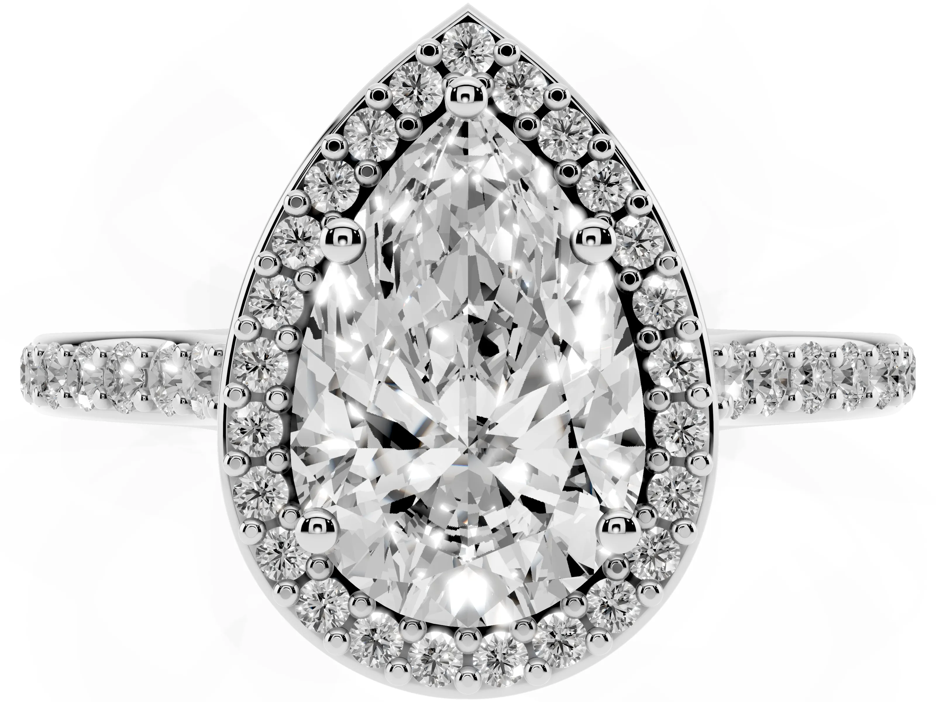 Pear Cut Diamond Halo Engagement Ring Set in White gold with Round Pavé Shoulders and Heart Gallery