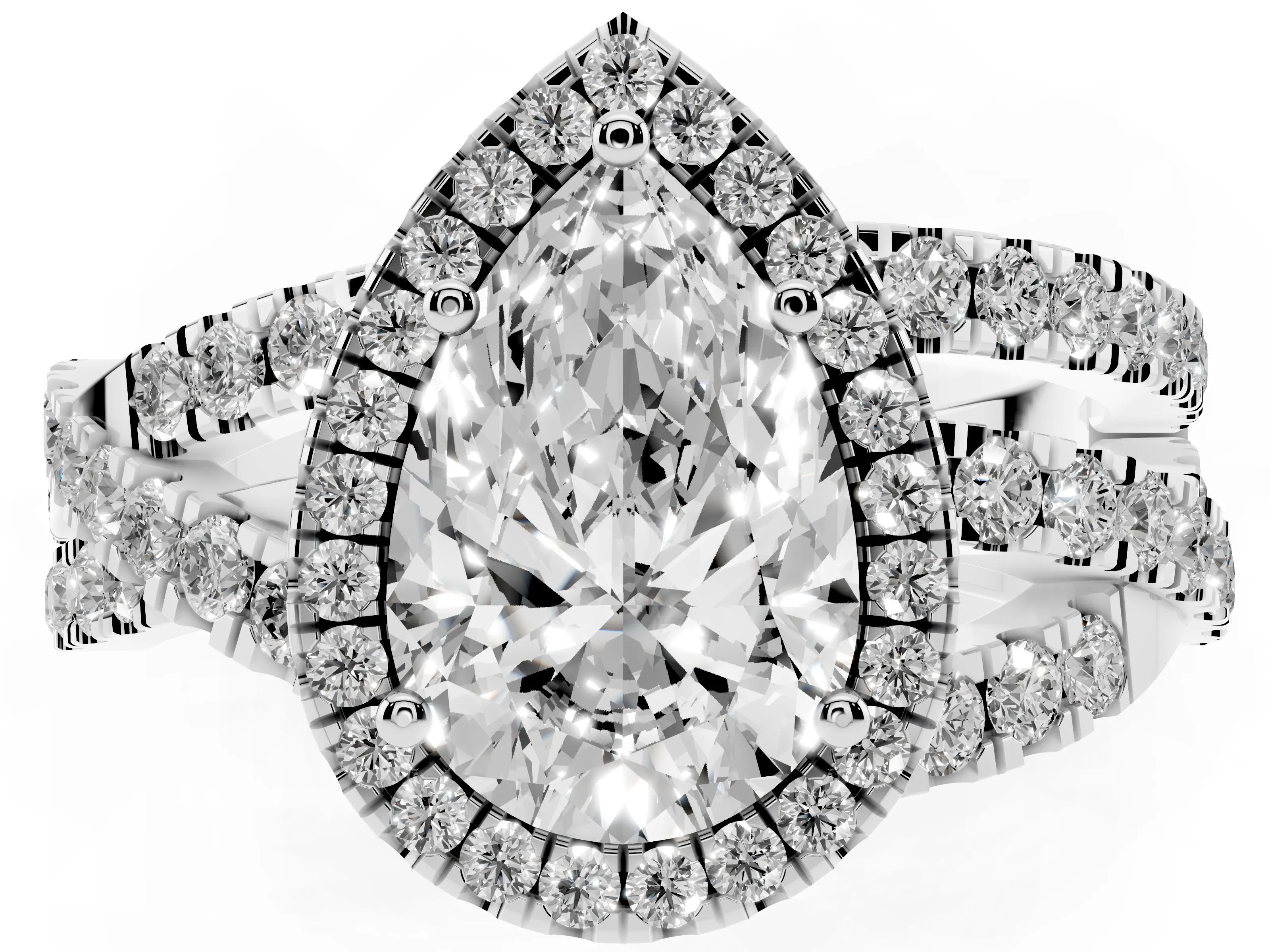 Pear Cut Diamond Halo Ring Set in Platinum with Round Crossover Split Shank and Prong Setting