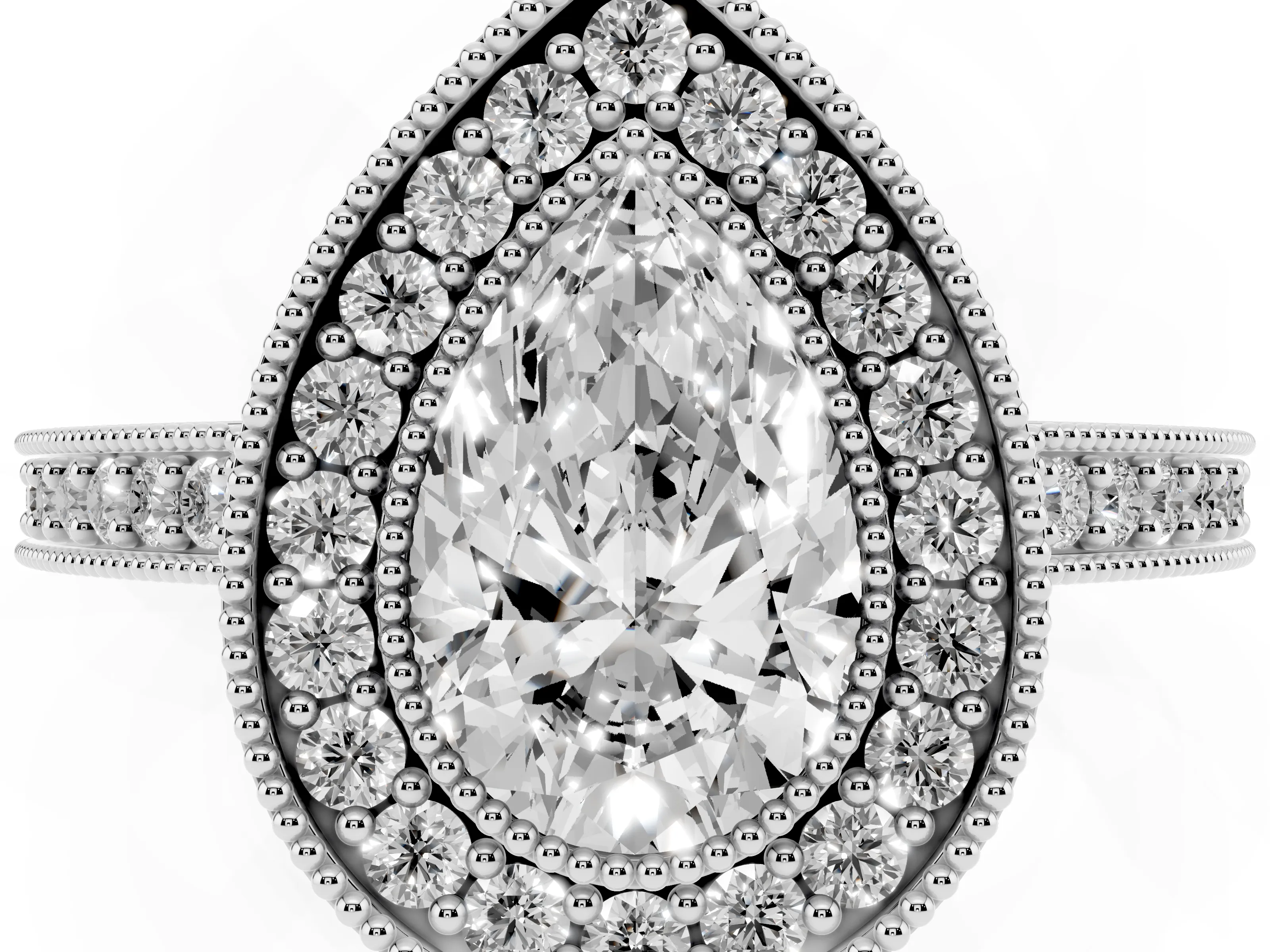 Pear Cut Diamond Halo Engagement Ring Set in White gold with Pavé Band and Round Halo Stones