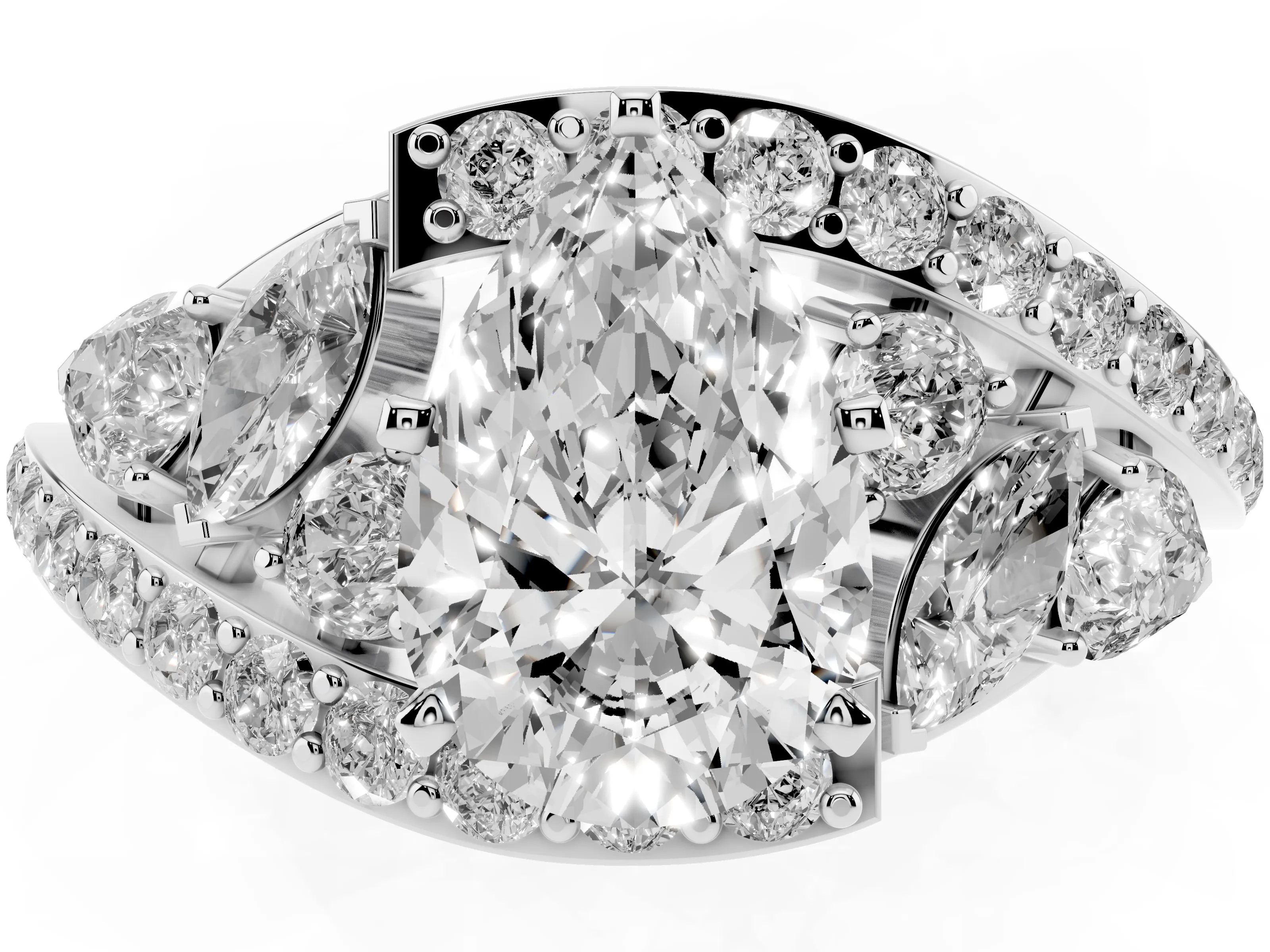 Pear Cut Diamond Halo Ring Set in Platinum with Marquise and Pavé Band in Prong Setting