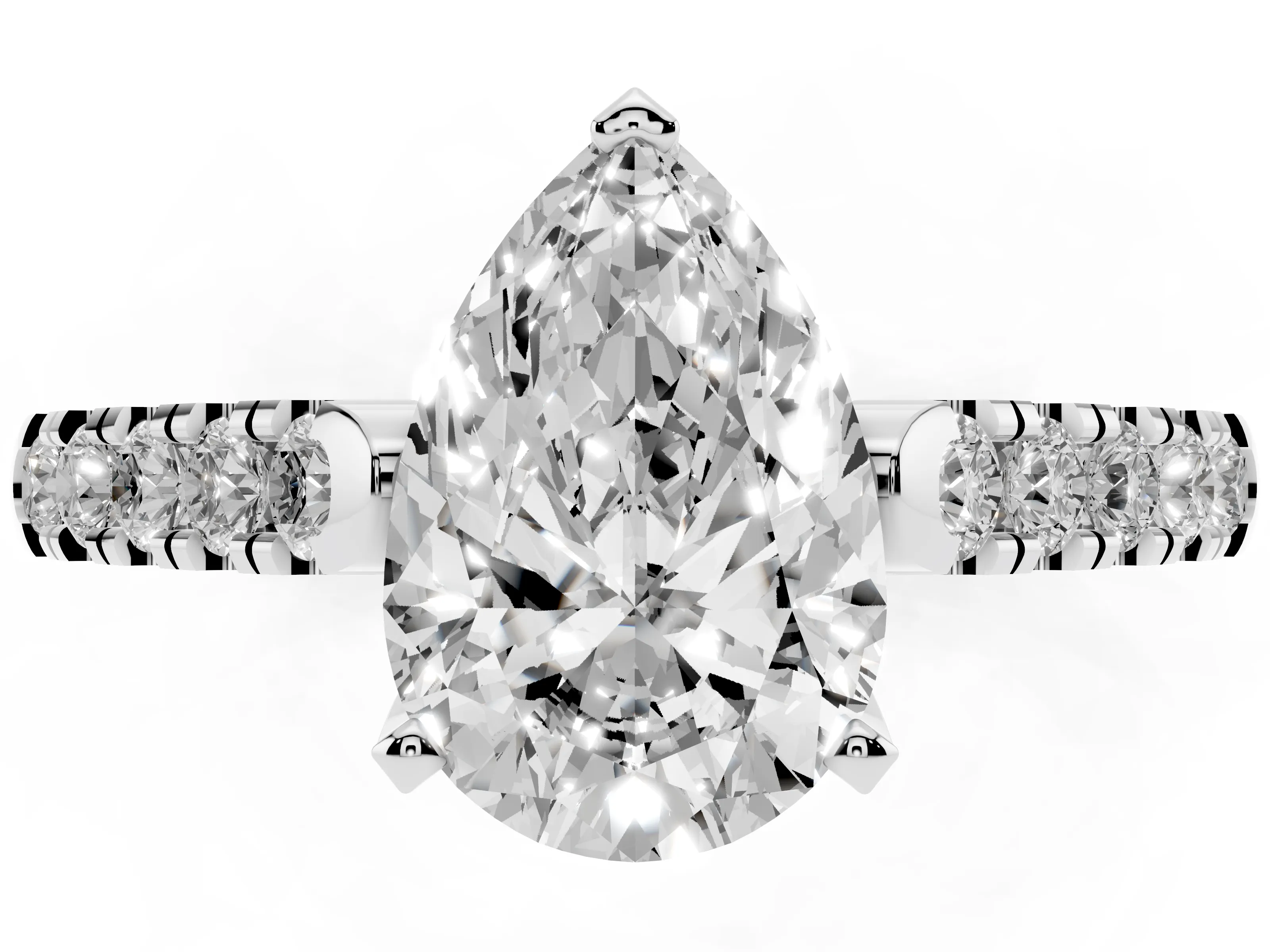 Pear Cut Diamond Pavé Band Solitaire Ring Set in White gold with Partway Accent Stones and Prong Setting