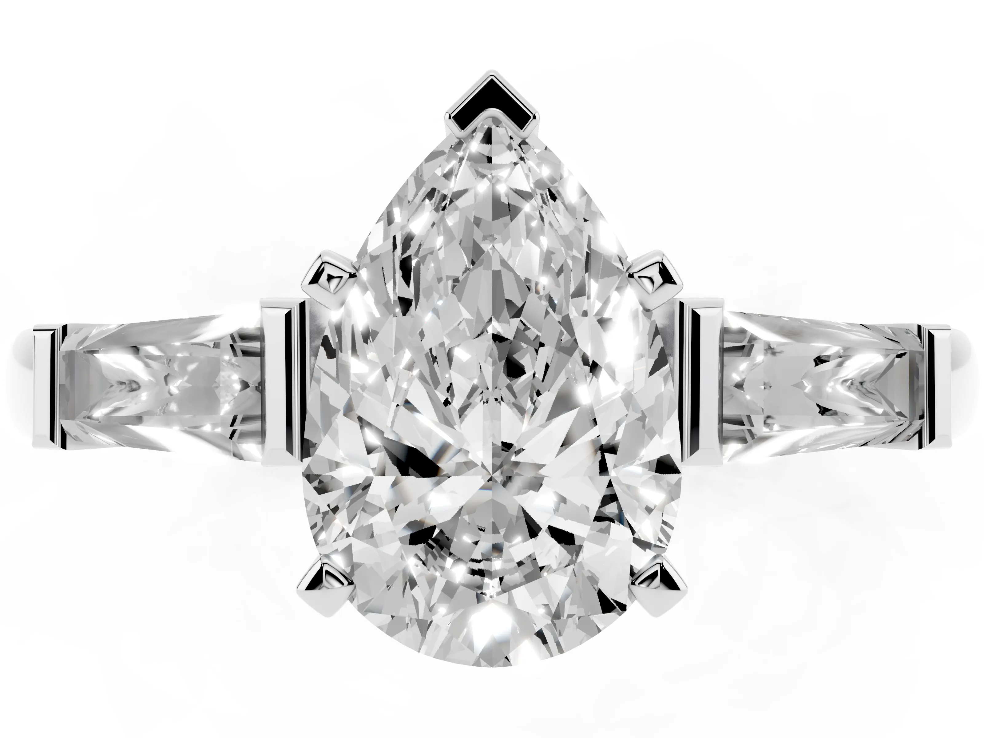 Pear Cut Diamond Solitaire Ring Set in Silver with Tapered Baguette Side Stones and Prong Setting