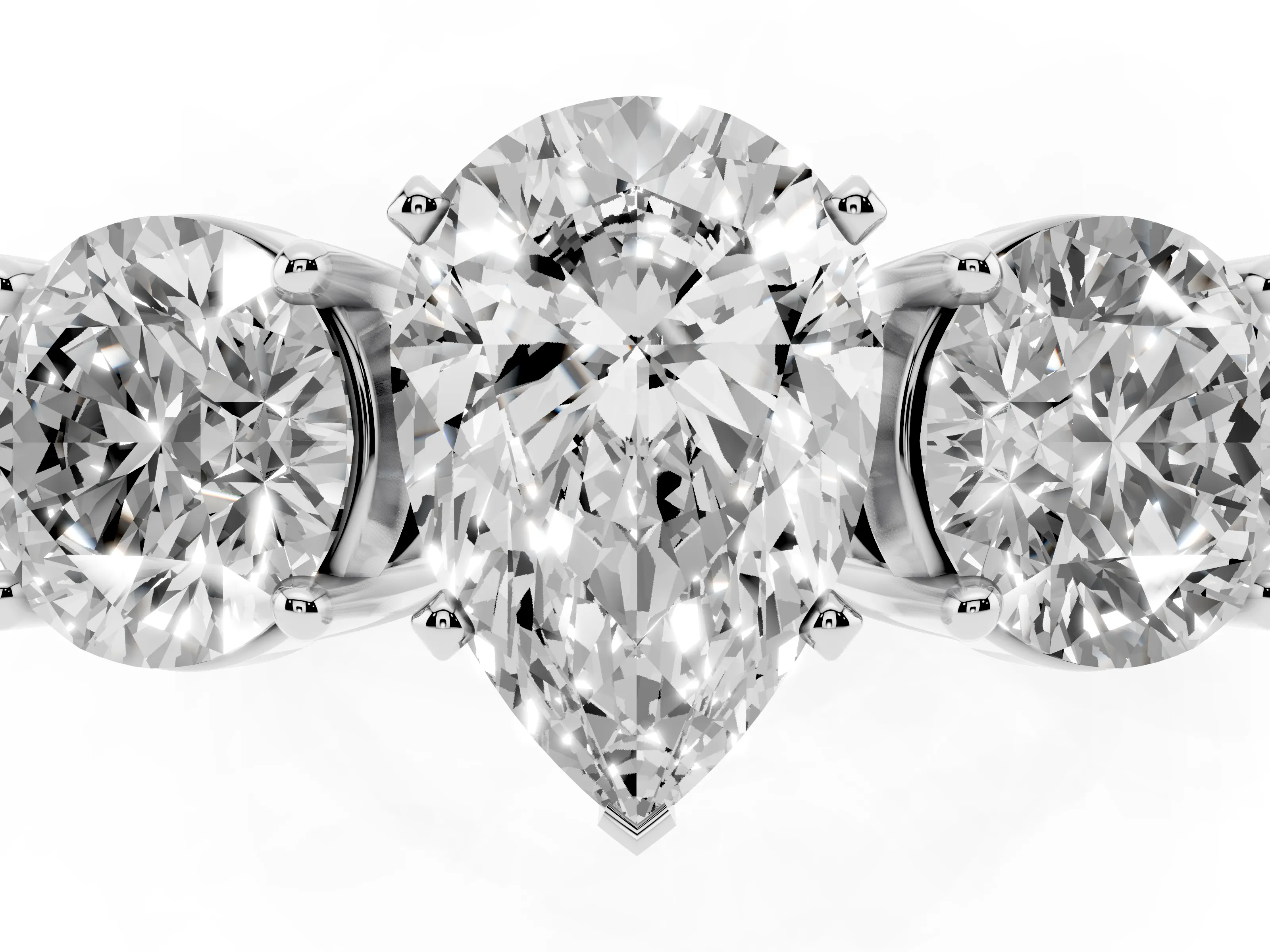 Pear Cut Diamond Three-Stone Ring Set in White gold with Round Side Stones and Classic Band