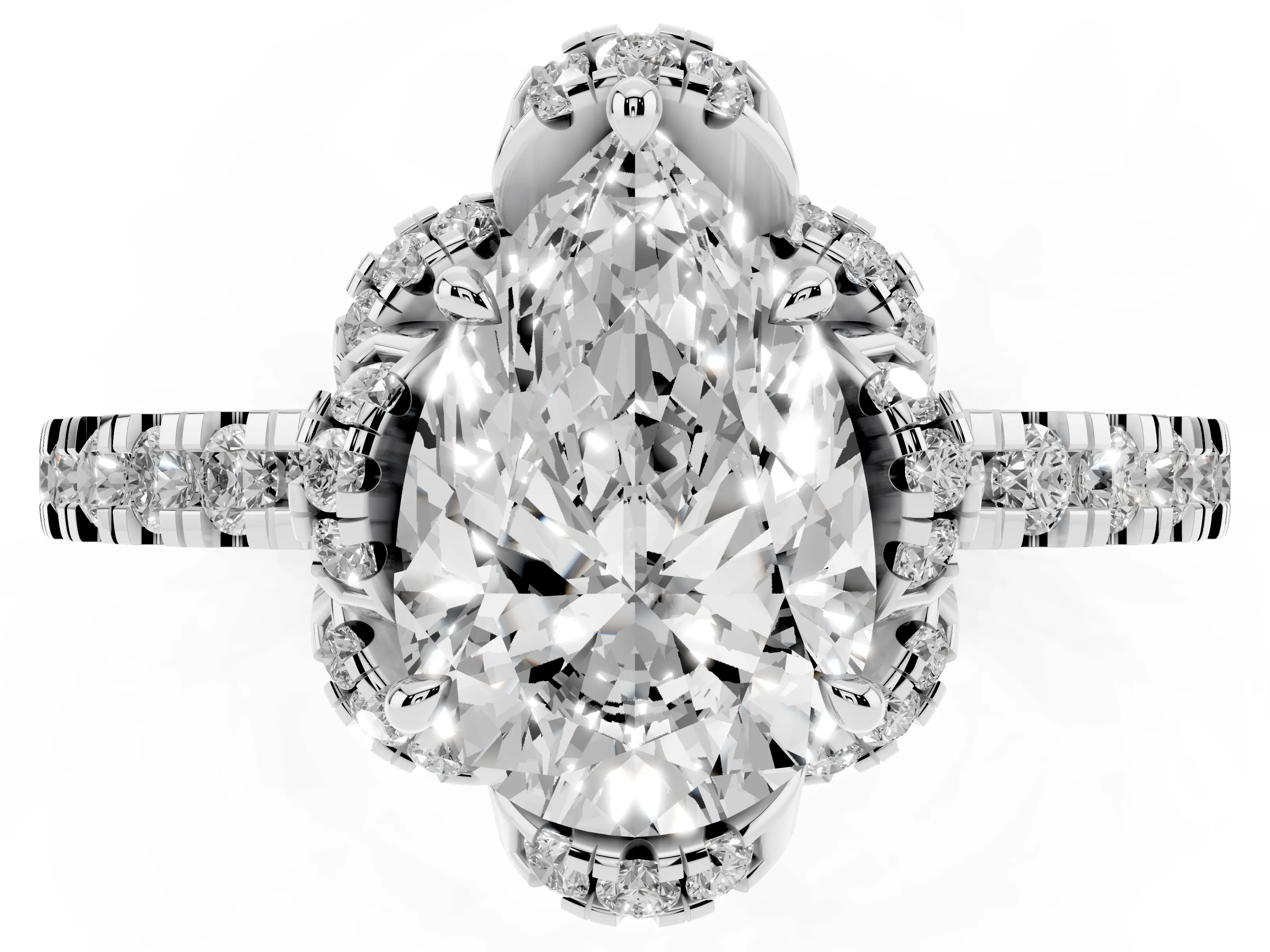 Pear Cut Diamond Halo Pavé Band Ring Set in Silver with Prong-Held Center