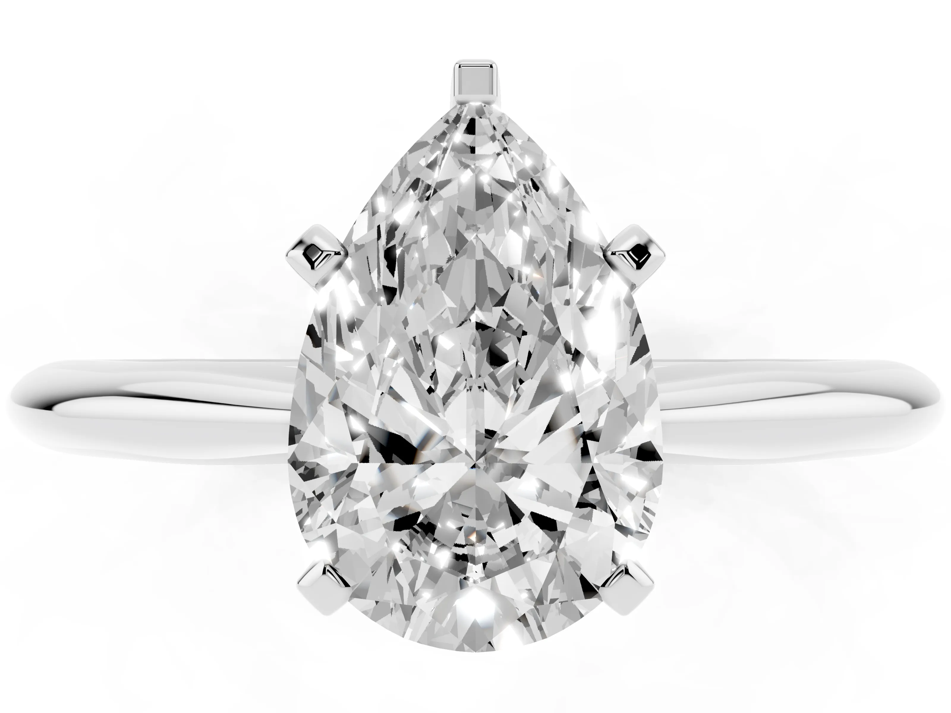 Pear Cut Diamond Solitaire Ring Set in Platinum with Prong Setting on a Plain Round Band