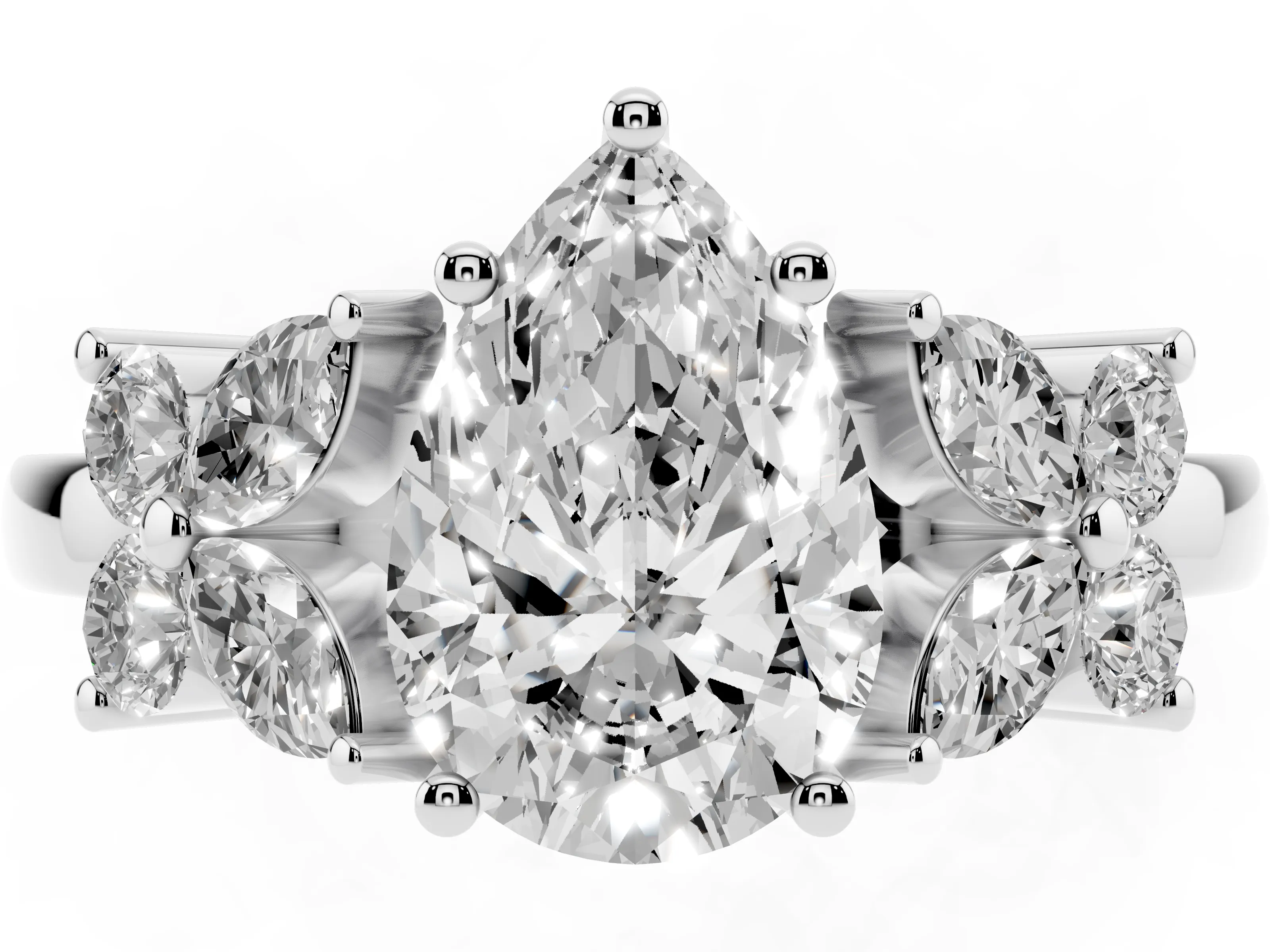 Pear Cut Diamond Floral Cluster Ring Set in Silver with Marquise Petals and Prong Setting