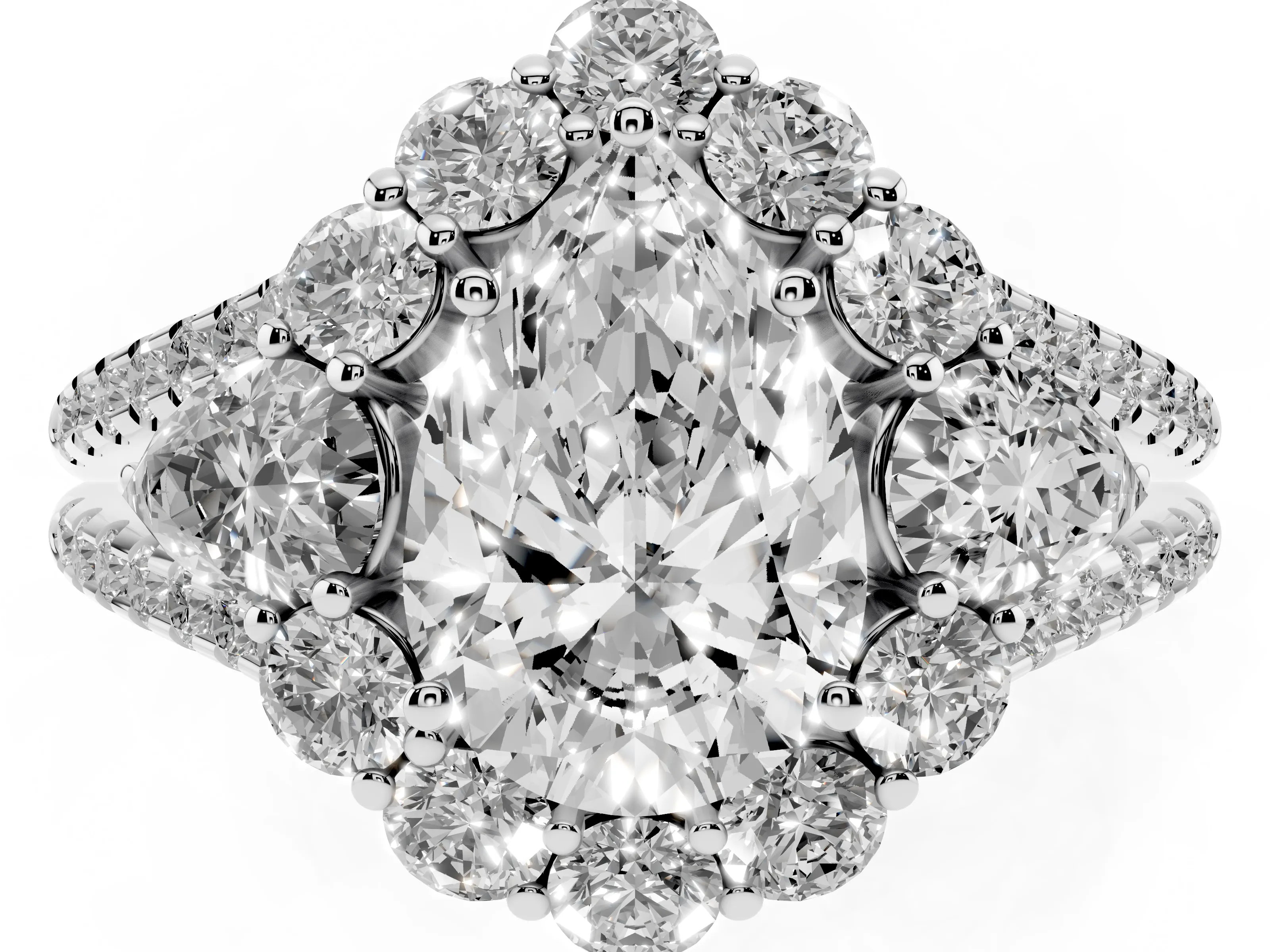 Pear Cut Diamond Halo Split Shank Engagement Ring Set in Platinum with Prong-Held Center Stone
