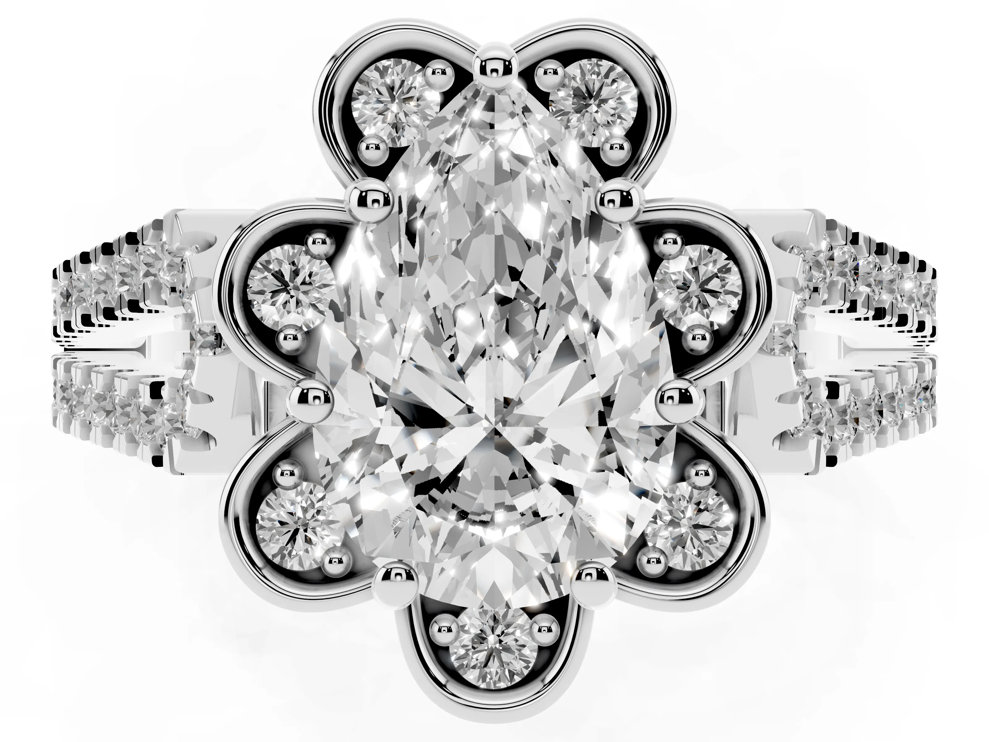 Pear Cut Diamond Floral Halo Split Shank Engagement Ring Set in Silver with Pavé Shank