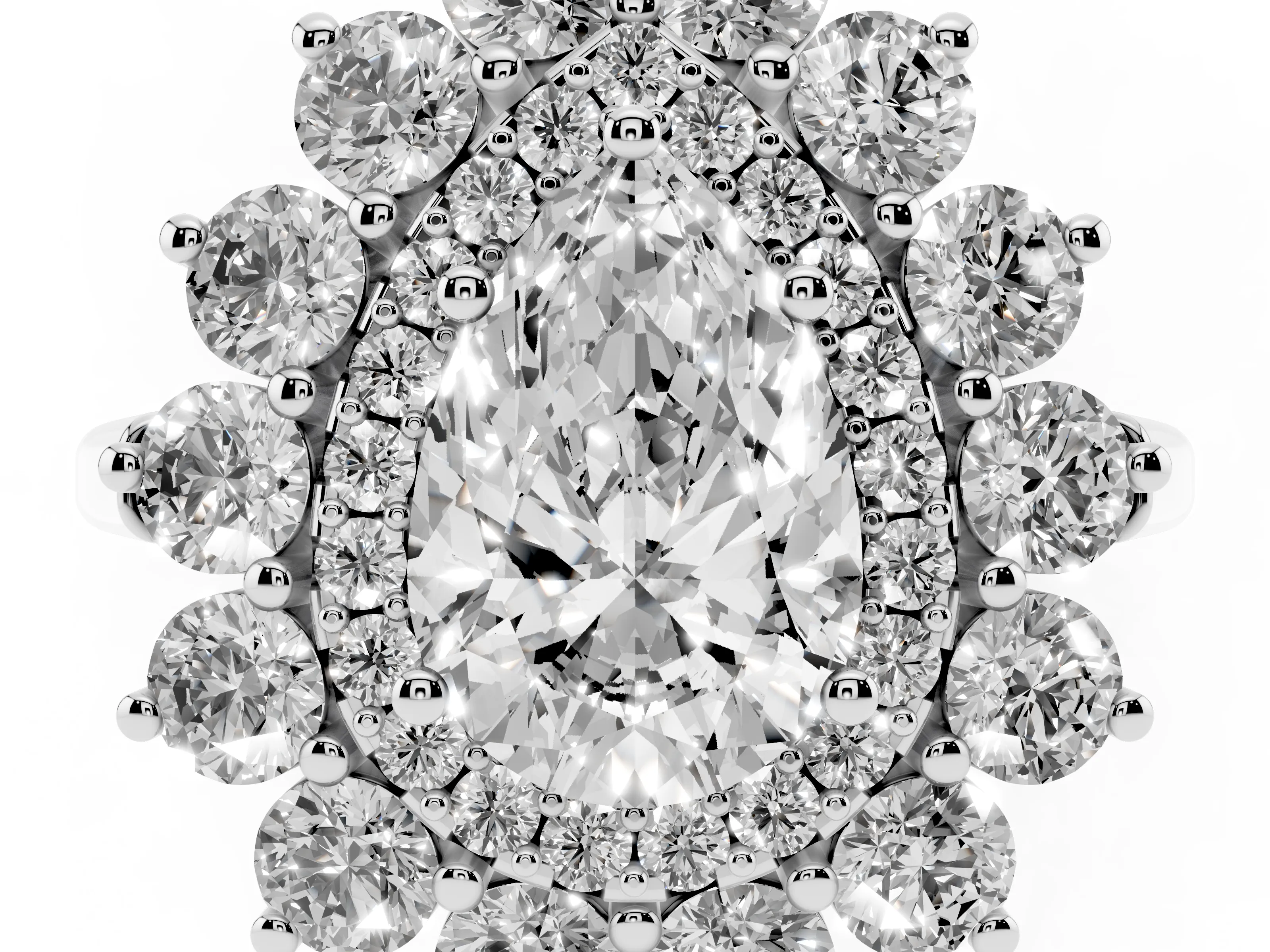 Pear Cut Diamond Floral Double Halo Ring Set in White gold with Round Petals