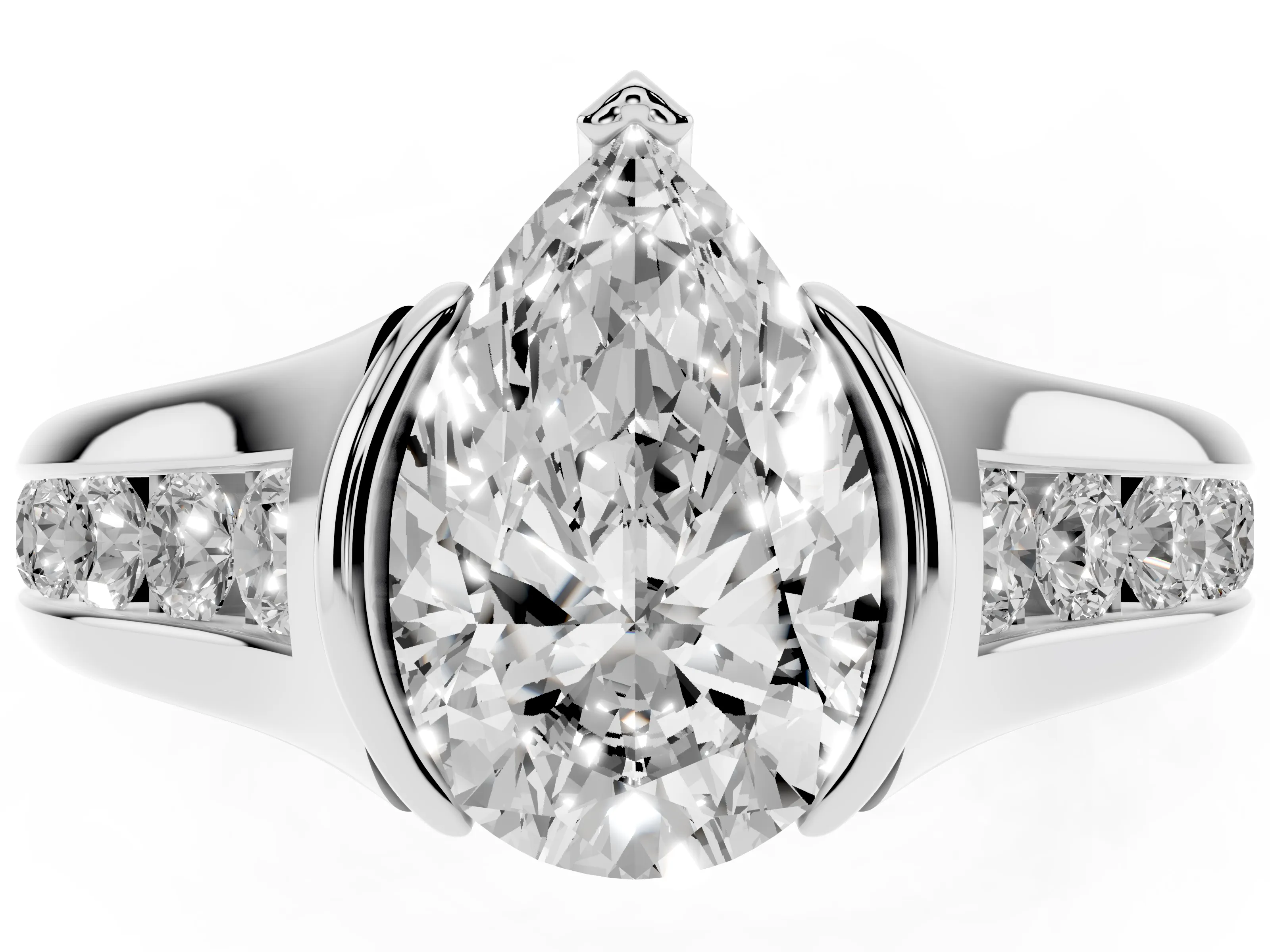 Pear Cut Diamond Bezel-Set Solitaire Ring Set in Silver with Channel-Set Band