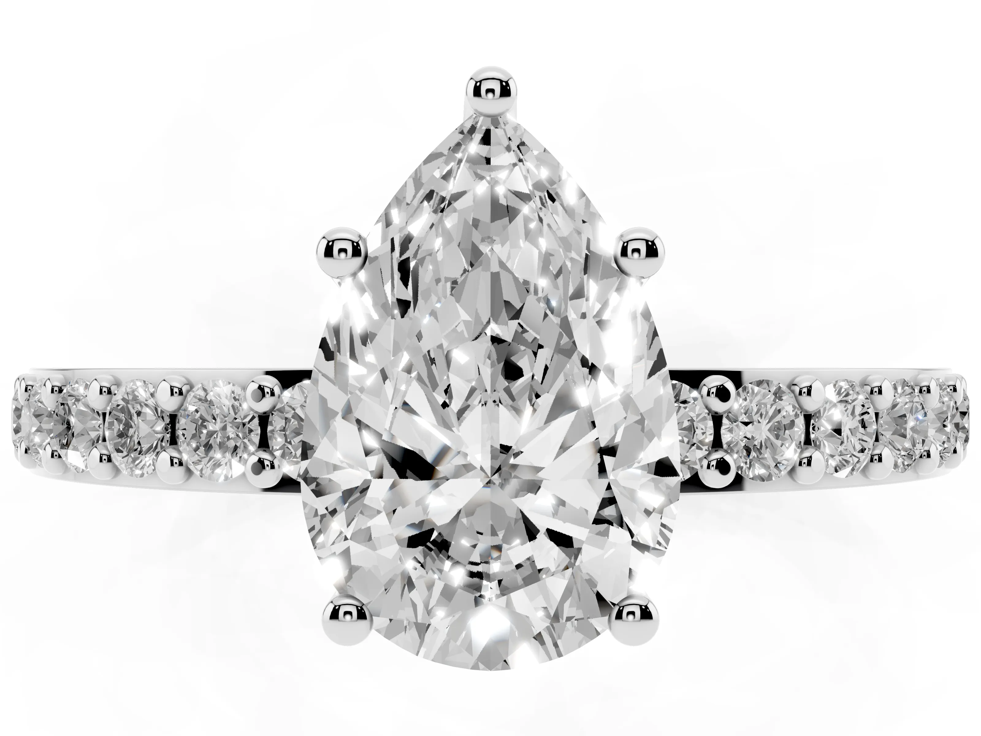 Pear Cut Diamond Solitaire Set in White gold with Round Pavé Band and Prong Setting