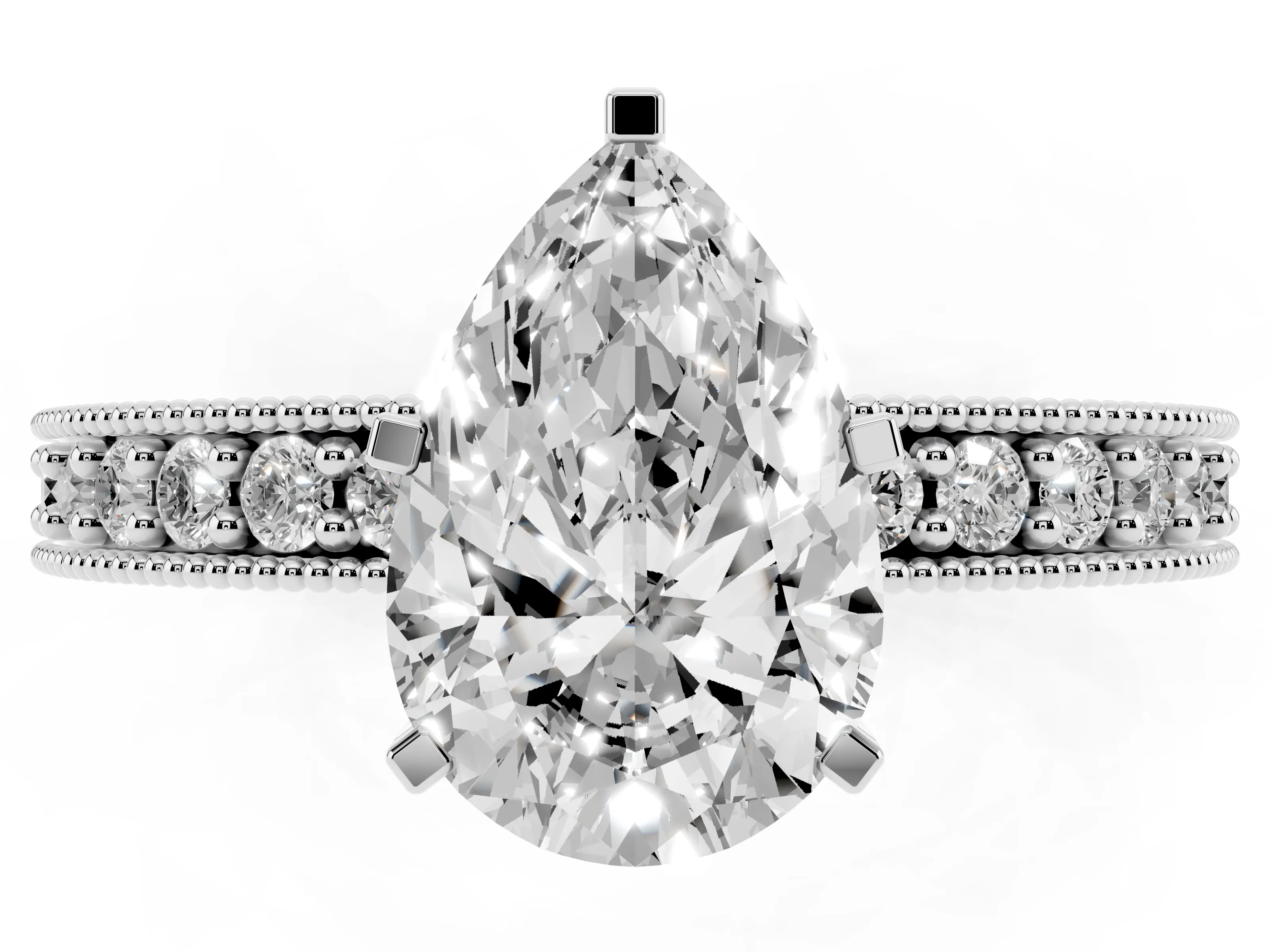 Pear Cut Diamond Milgrain Pavé Engagement Ring Set in White gold with Prong Setting