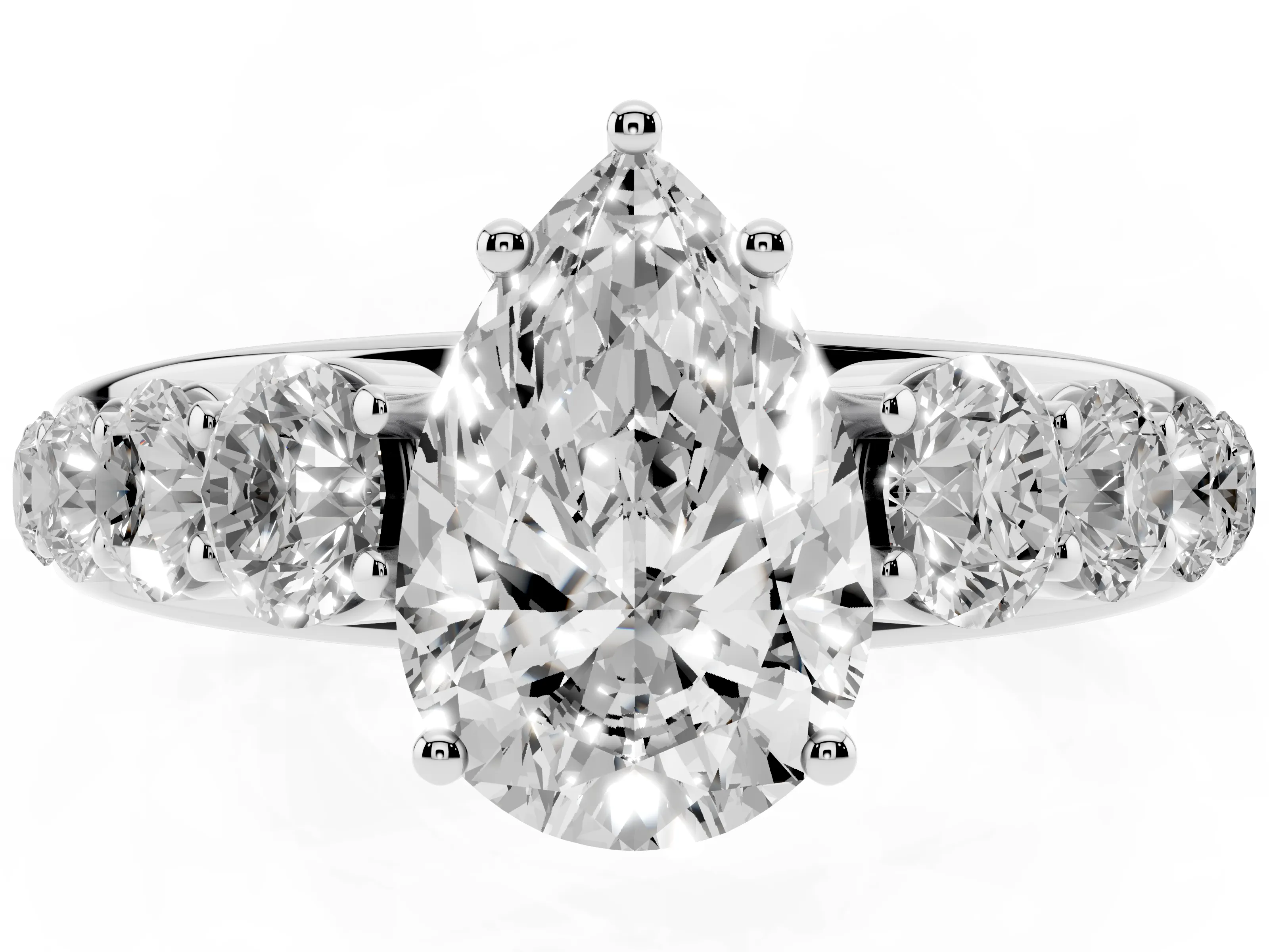 Pear Cut Diamond Solitaire Ring Set in White gold with Pavé-Set Band and Prong Setting