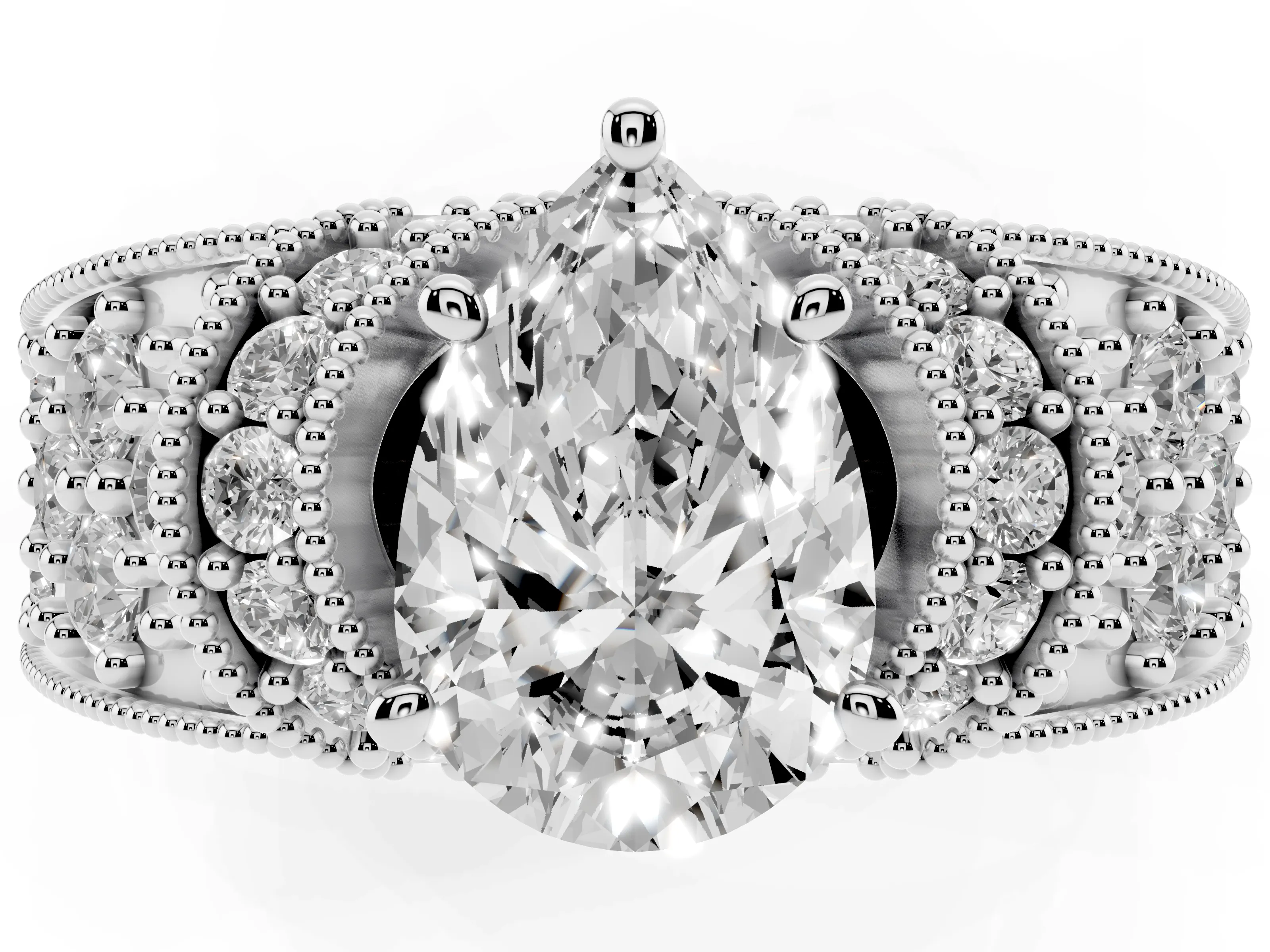 Pear Cut Diamond Milgrain Halo Pavé Engagement Ring Set in Platinum with Prong Setting