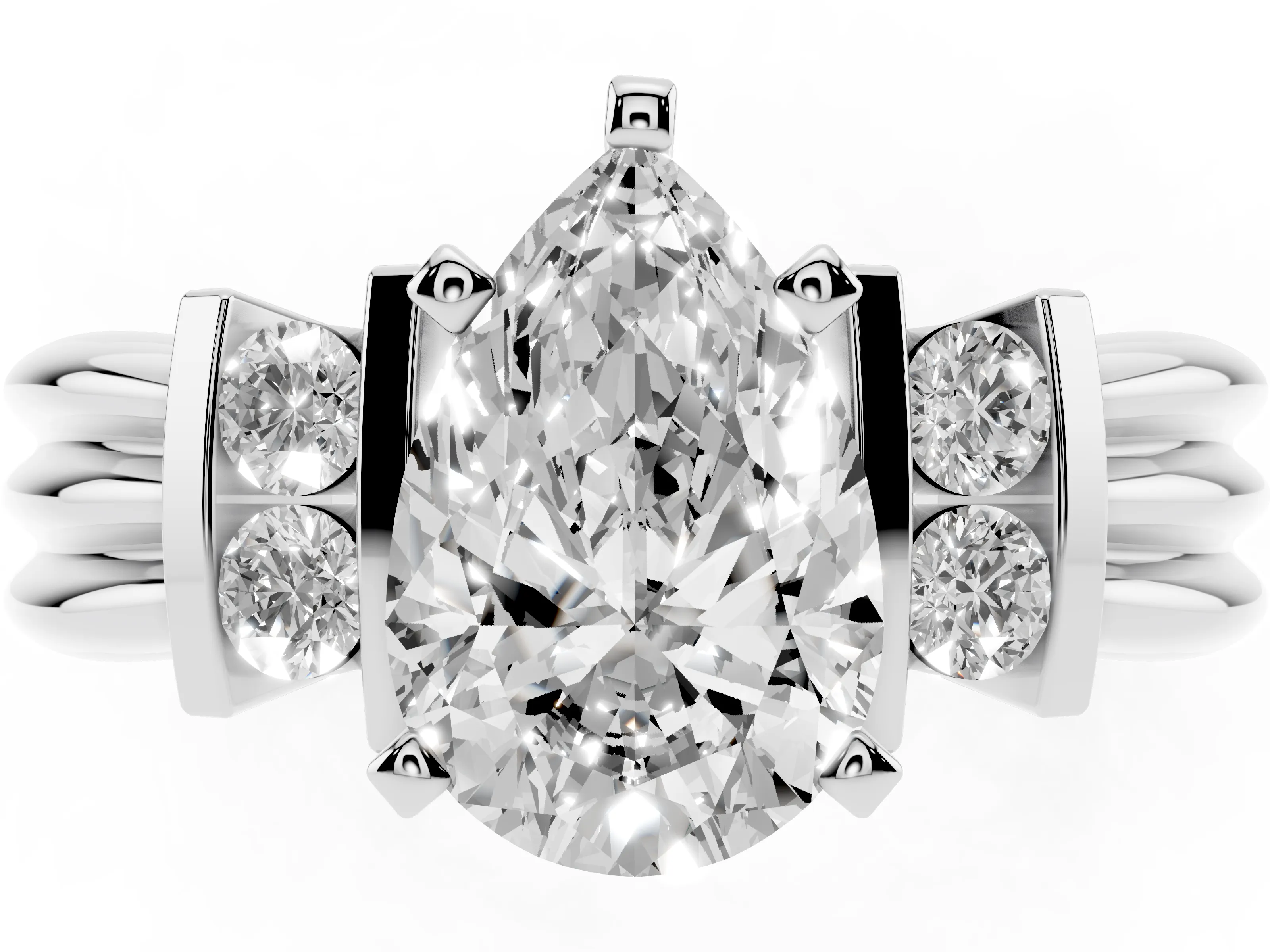 Three-Stone Pear Cut Diamond Channel Set Ring Set in White gold with Bar Prongs