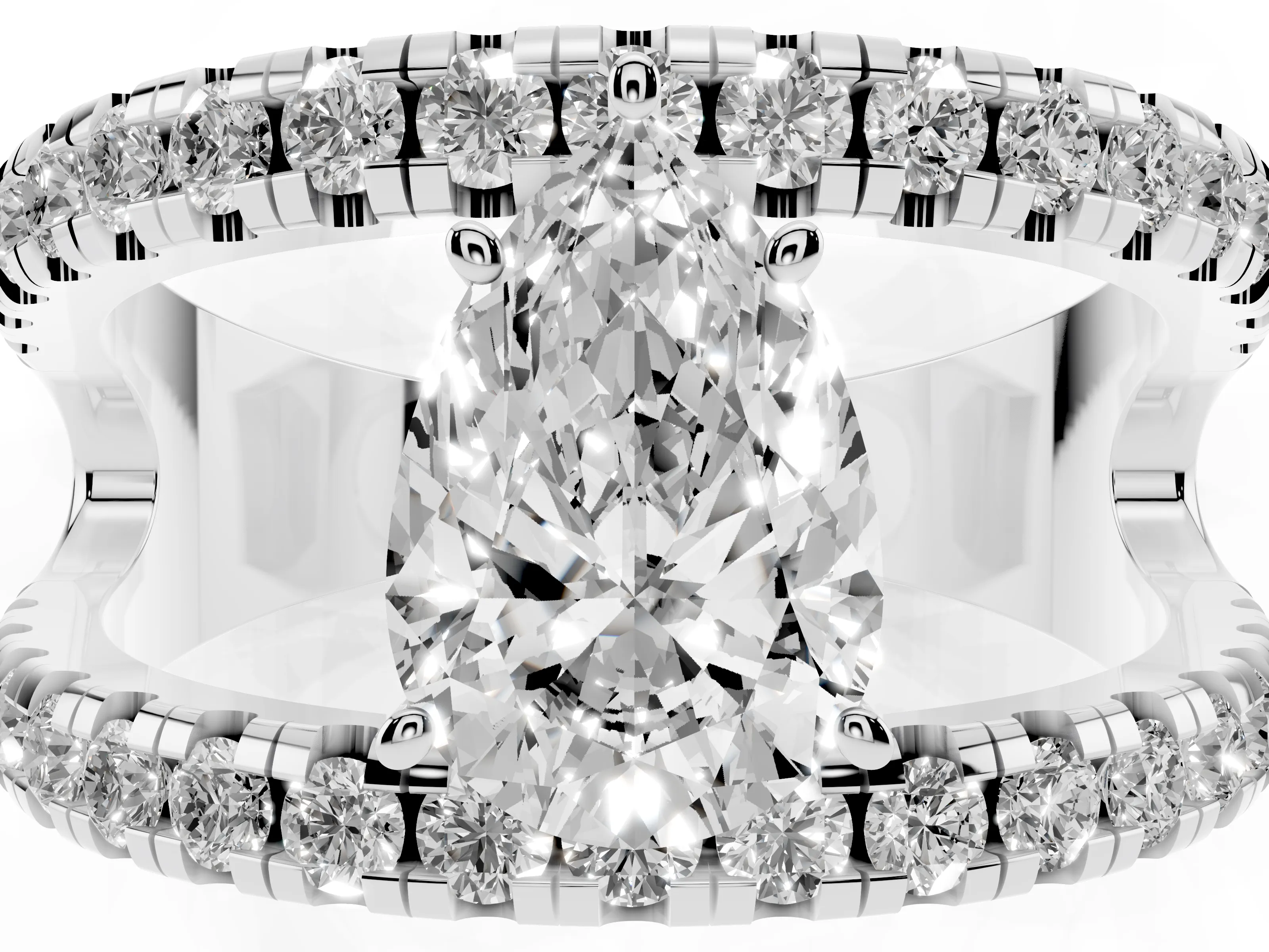 Pear Cut Diamond Split Shank Pavé Solitaire Ring Set in Silver with Open Shank Design