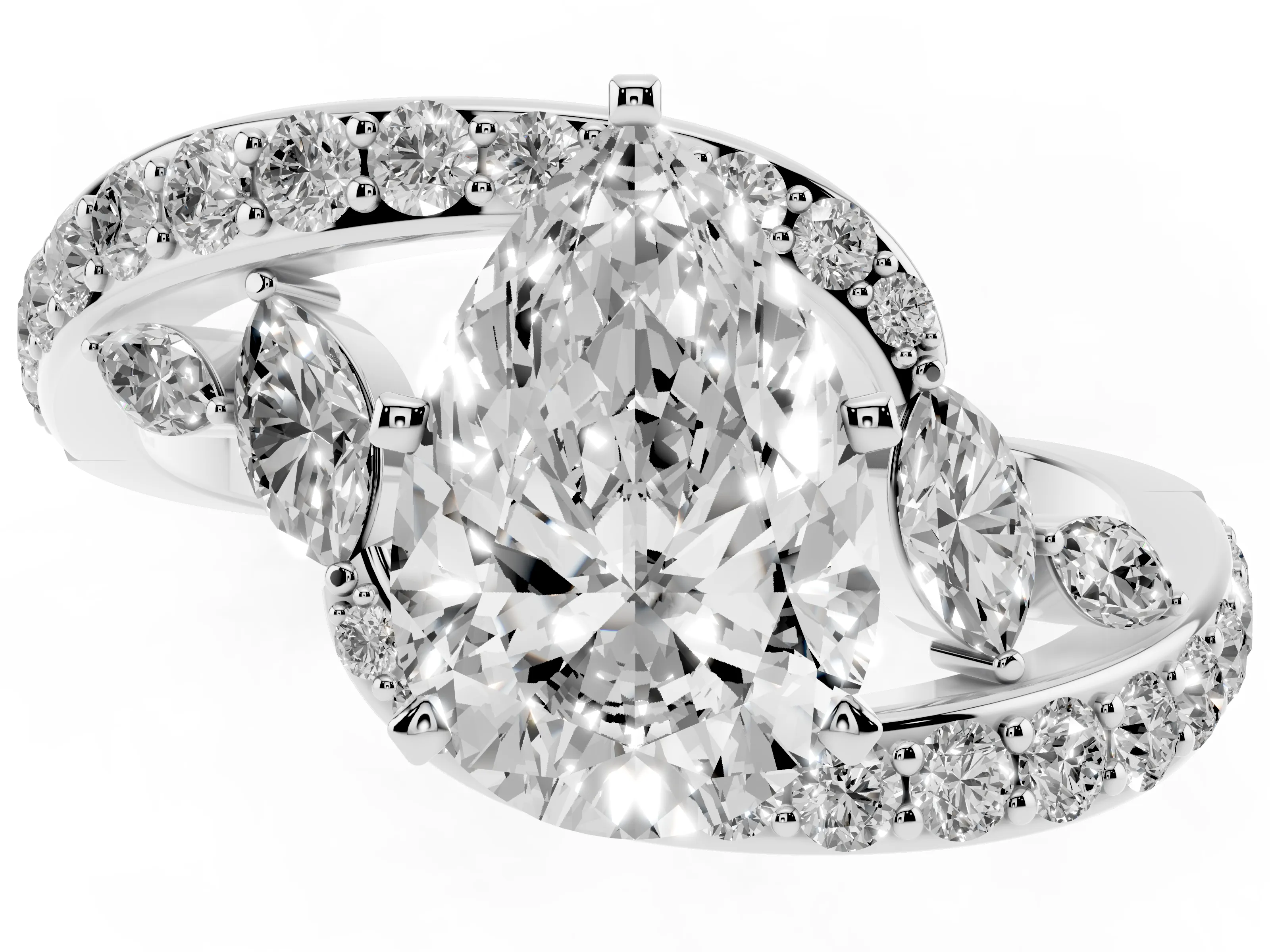 Pear Cut Diamond Solitaire Ring Set in Platinum with Pavé Twist Band and Secure Prong Setting