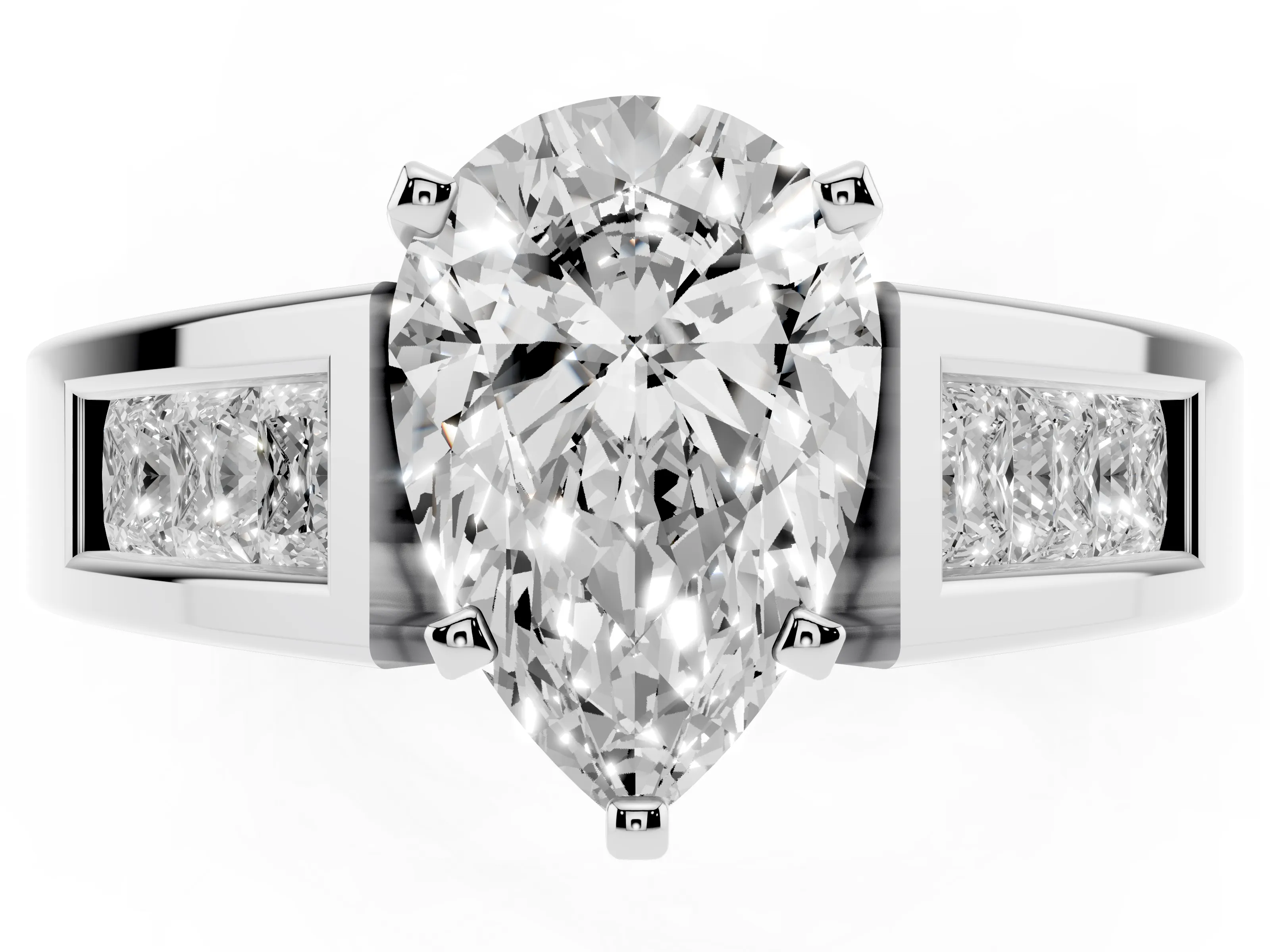Pear Cut Diamond Solitaire Ring Set in Silver with Channel-Set Accent Stones and Prong Setting
