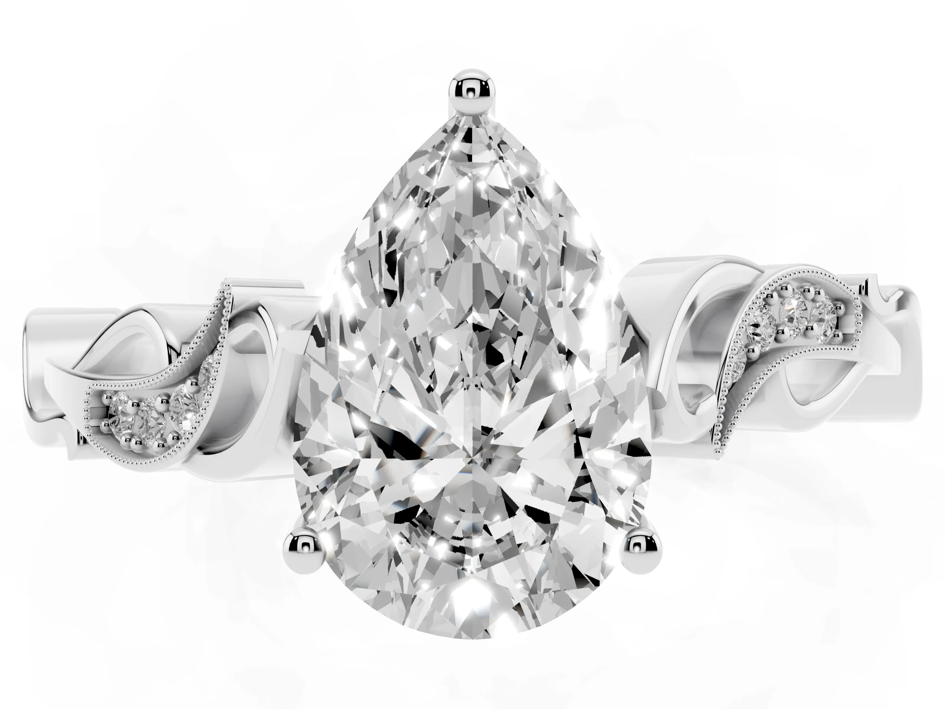 Pear Cut Diamond Vine Band Solitaire Ring Set in Silver with Milgrain Prong Setting