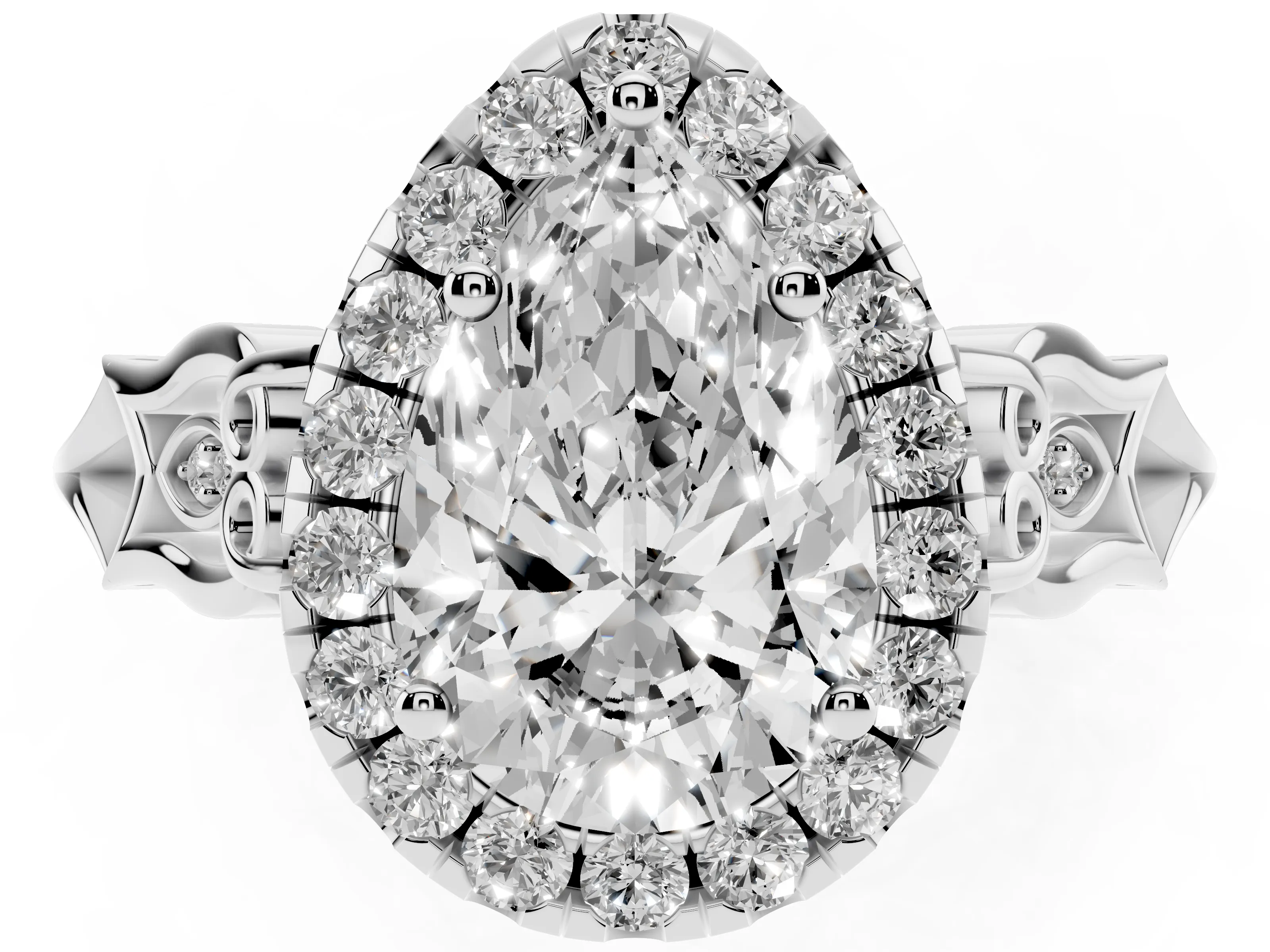 Pear Cut Diamond Halo Engagement Ring Set in White gold with Filigree Band and Prong-Set Center