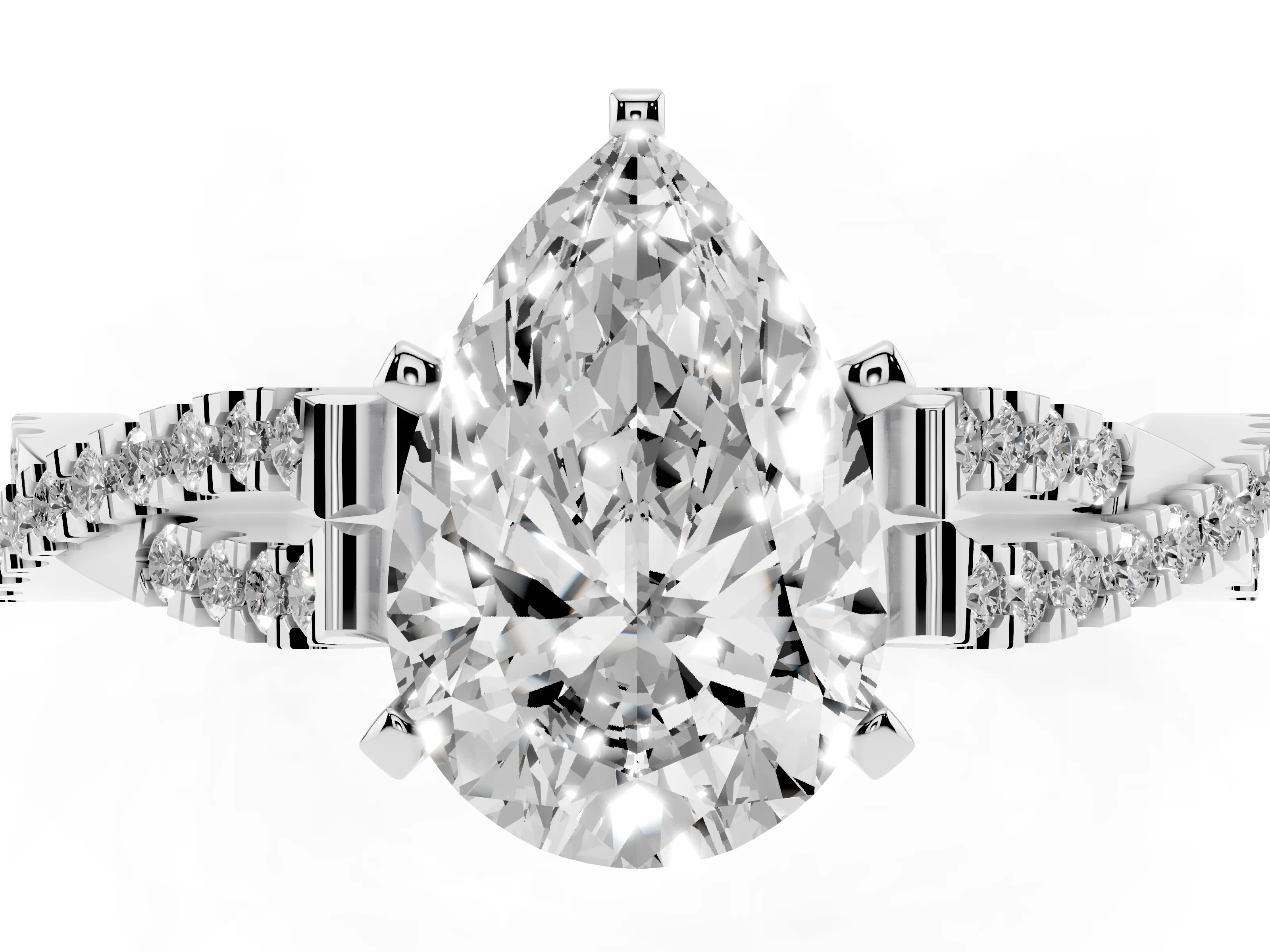 Pear Cut Diamond Solitaire Engagement Ring Set in White gold with Twisted Pavé Band and Prong Setting