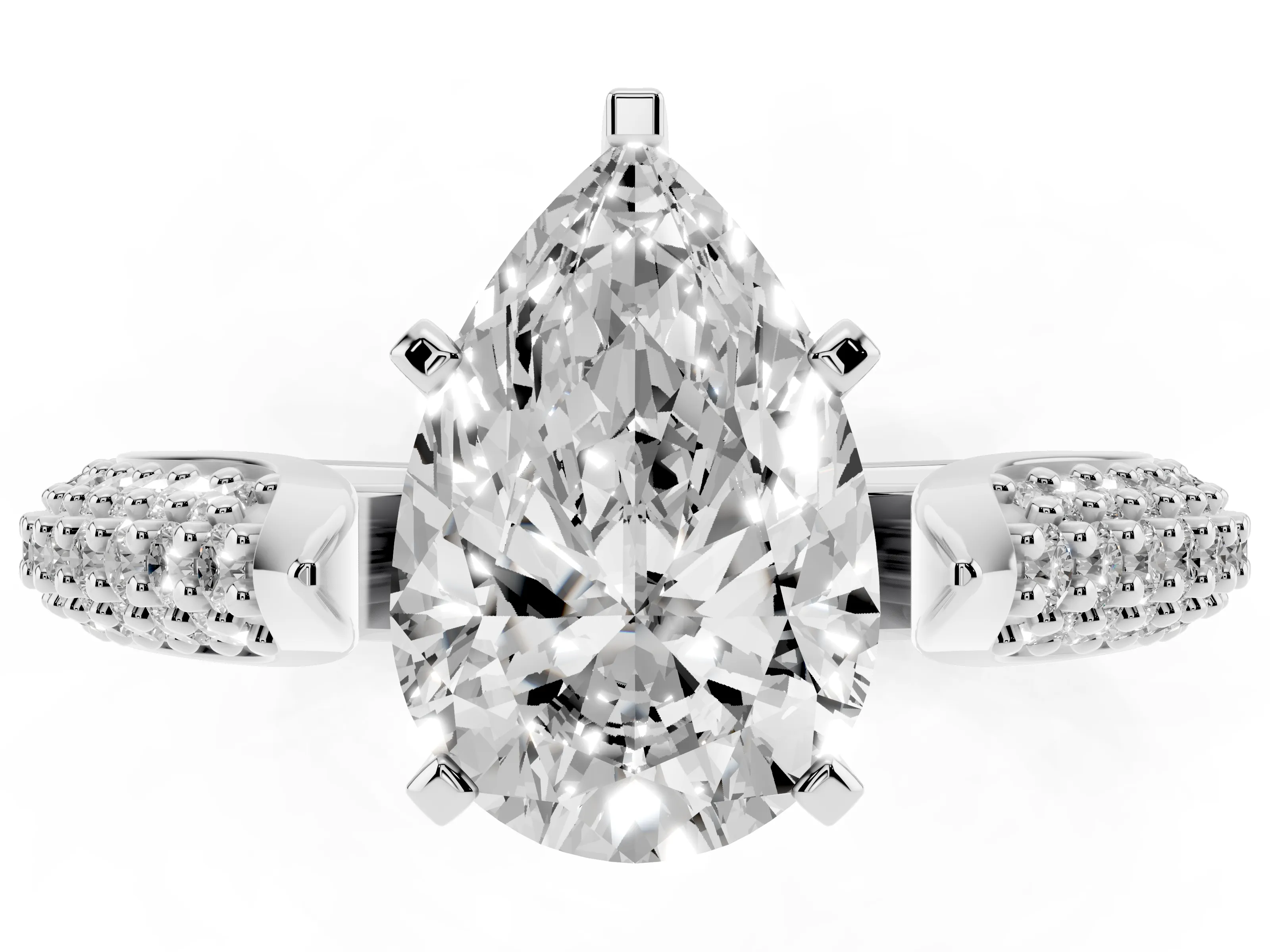 Pear Cut Diamond Solitaire Engagement Ring Set in Platinum with Multi-Row Round Pavé Band and Prong Setting