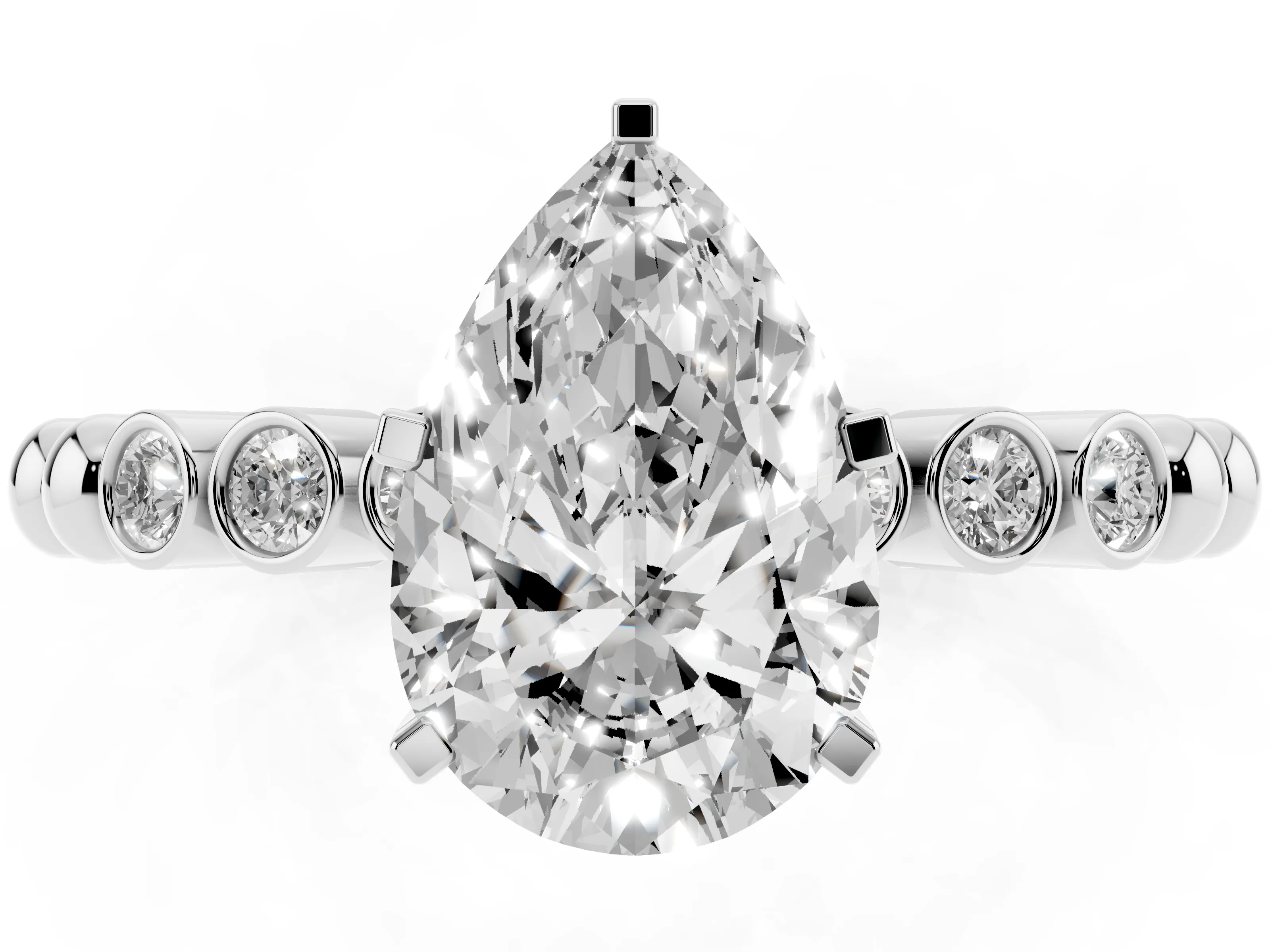 Pear Cut Diamond Solitaire Engagement Ring Set in Platinum with Bezel Accents on Beaded Band