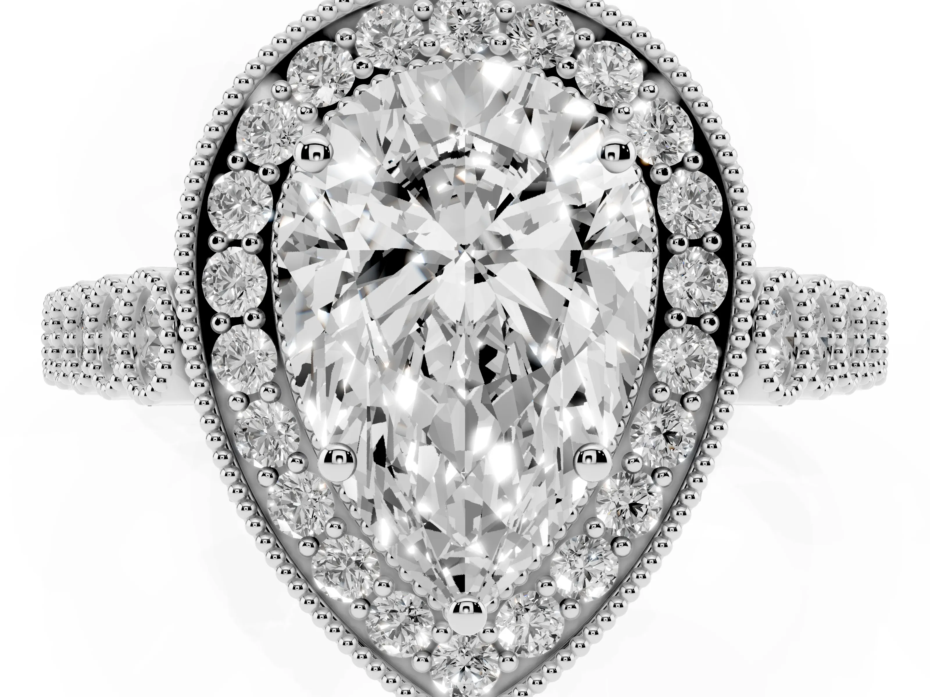 Pear Cut Diamond Milgrain Halo Solitaire Ring Set in White gold with Bezel Set Side Stones and Pavé Band