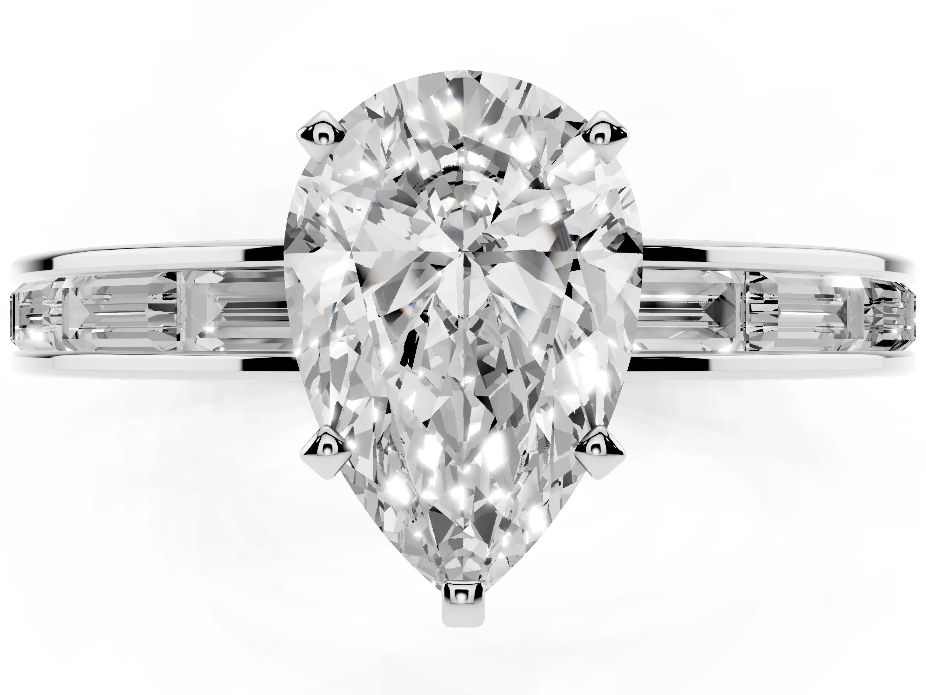 Pear Cut Diamond Solitaire Ring Set in Platinum with Channel-Set Baguette Band and Prong Setting