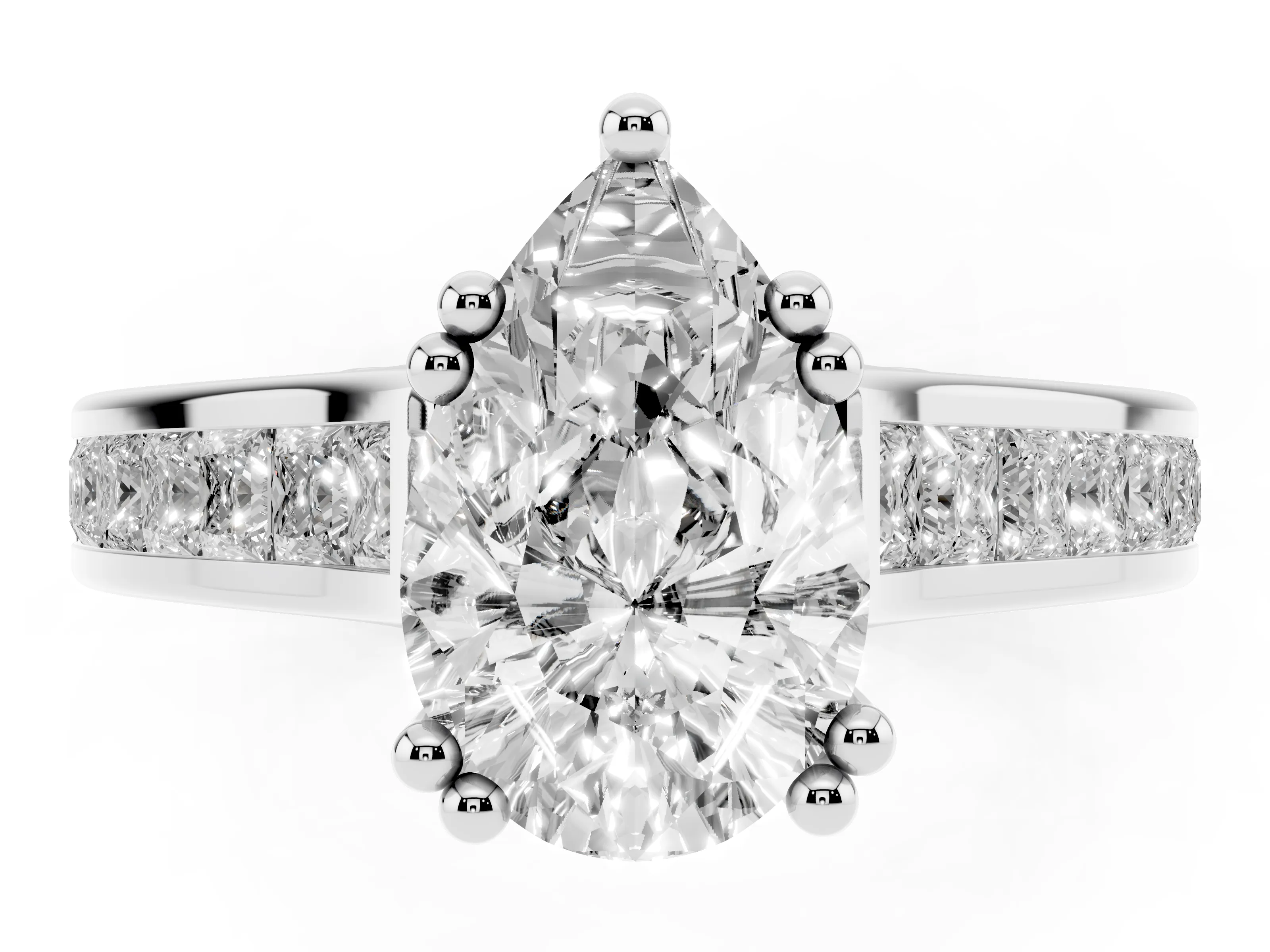 Pear Cut Diamond Channel Set Solitaire Engagement Ring Set in Platinum with Prong Setting