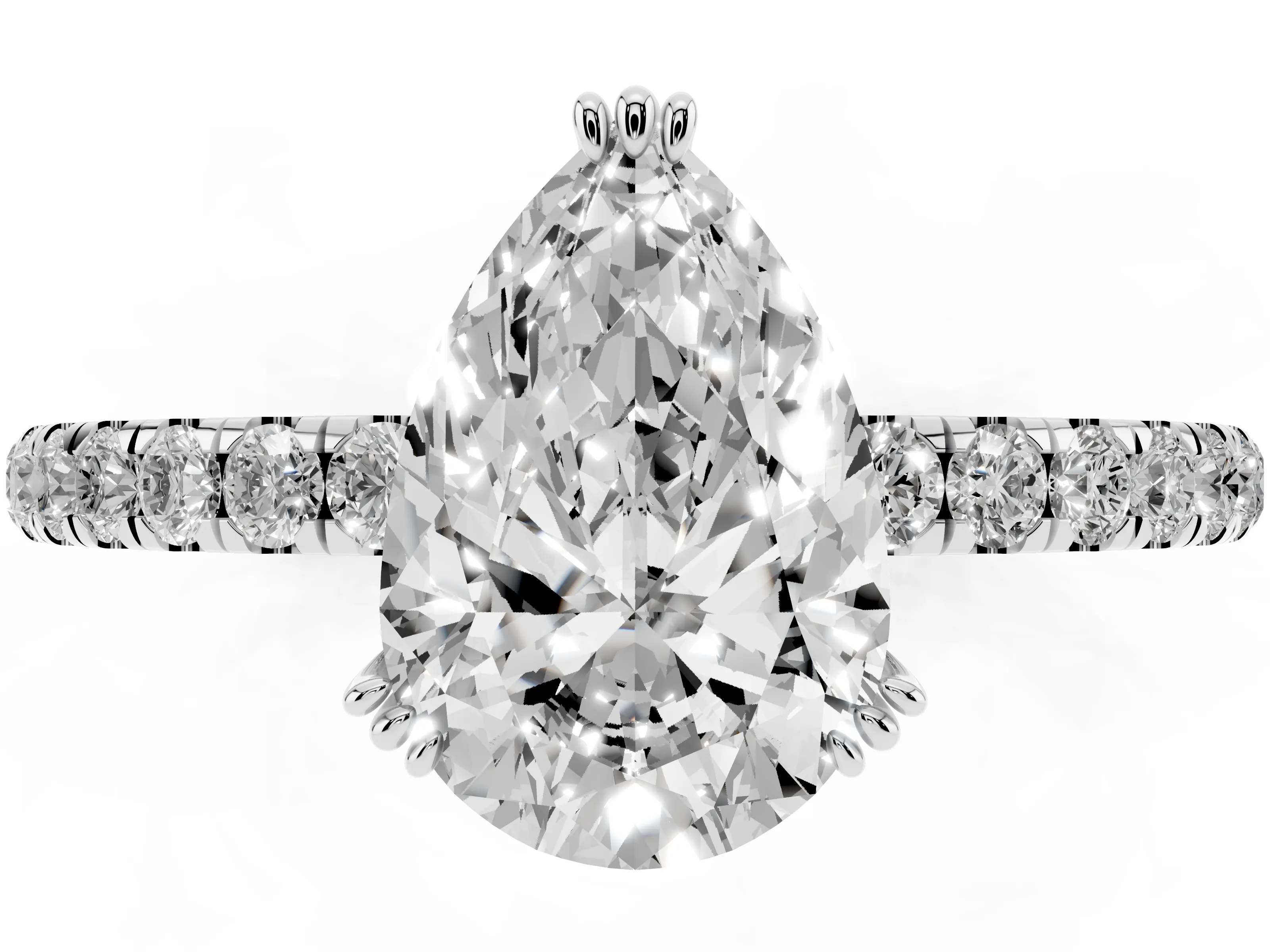 Pear Cut Diamond Brilliant Solitaire Set in White gold with Pavé Band and Claw Prong Setting