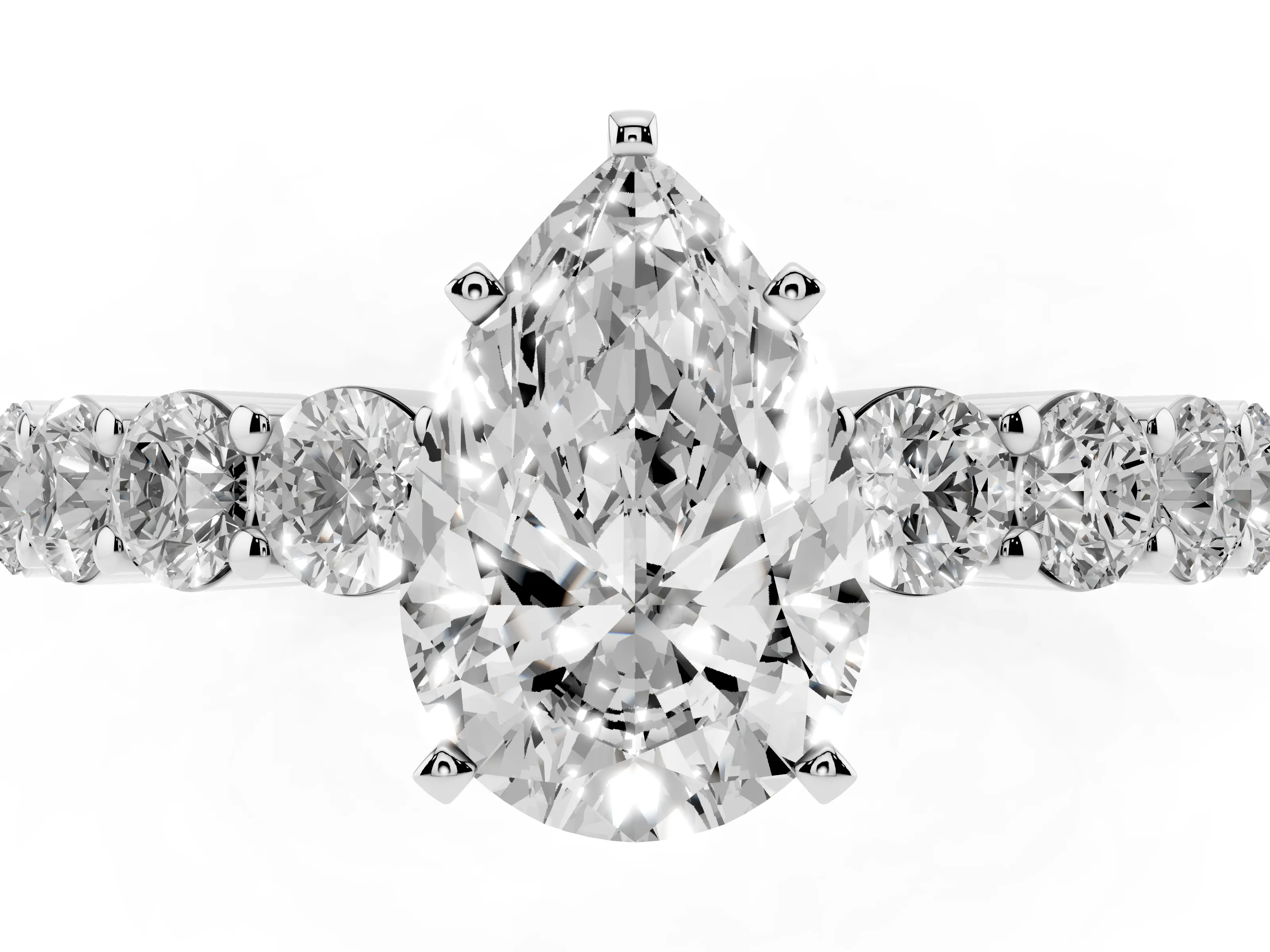 Pear Cut Diamond Solitaire Ring Set in Silver with Shared Prong Round Side Stones