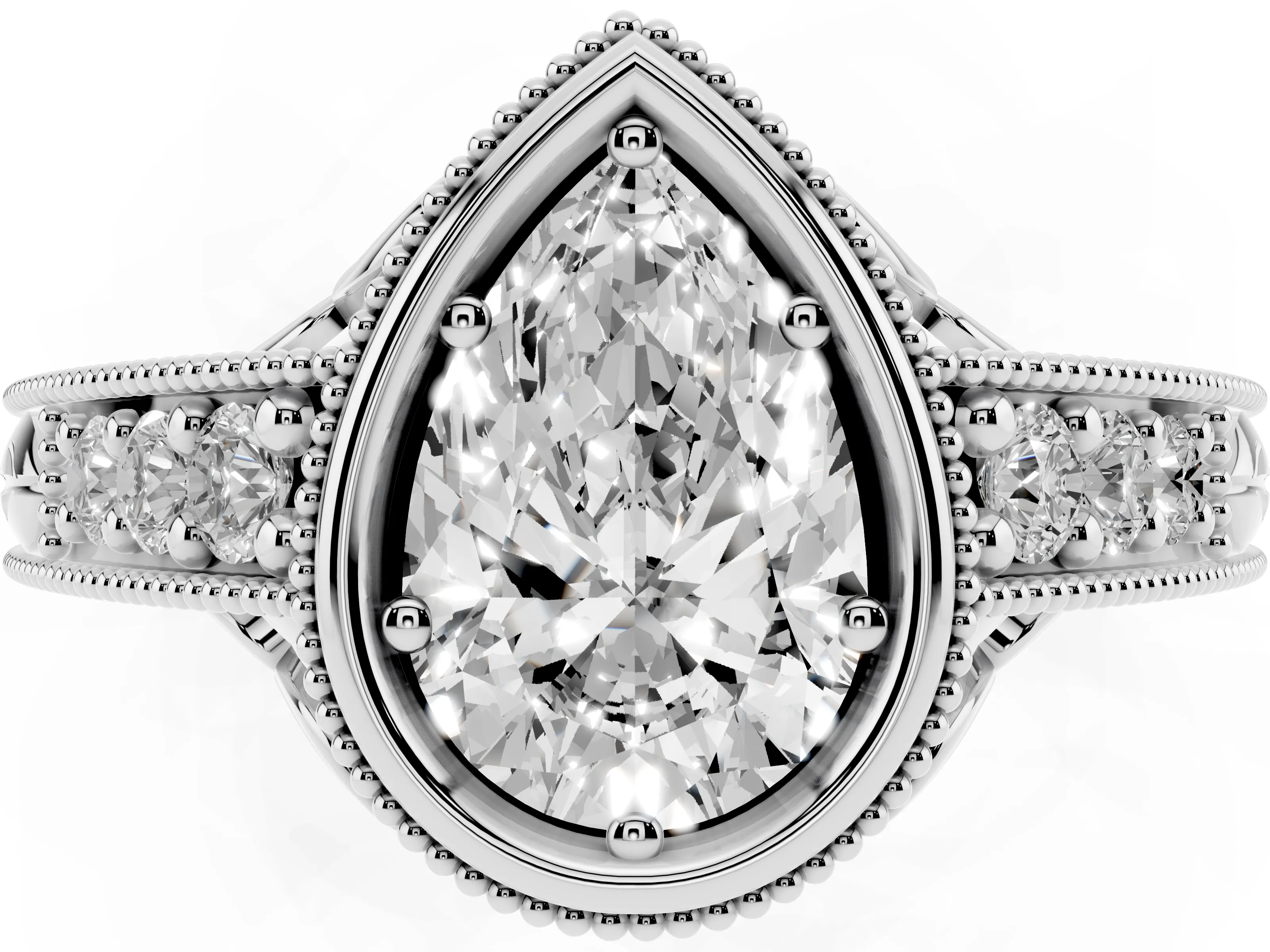 Bezel Set Pear Cut Diamond Milgrain Pavé Engagement Ring Set in Silver