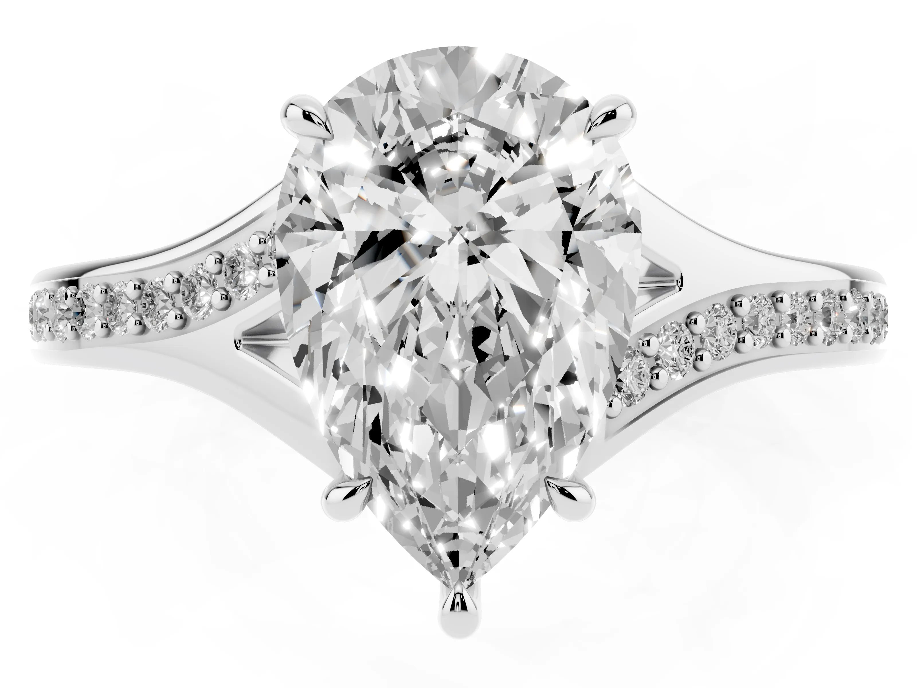 Pear Cut Diamond Solitaire Ring Set in Platinum with Pavé Accent Band and Classic Prong Setting