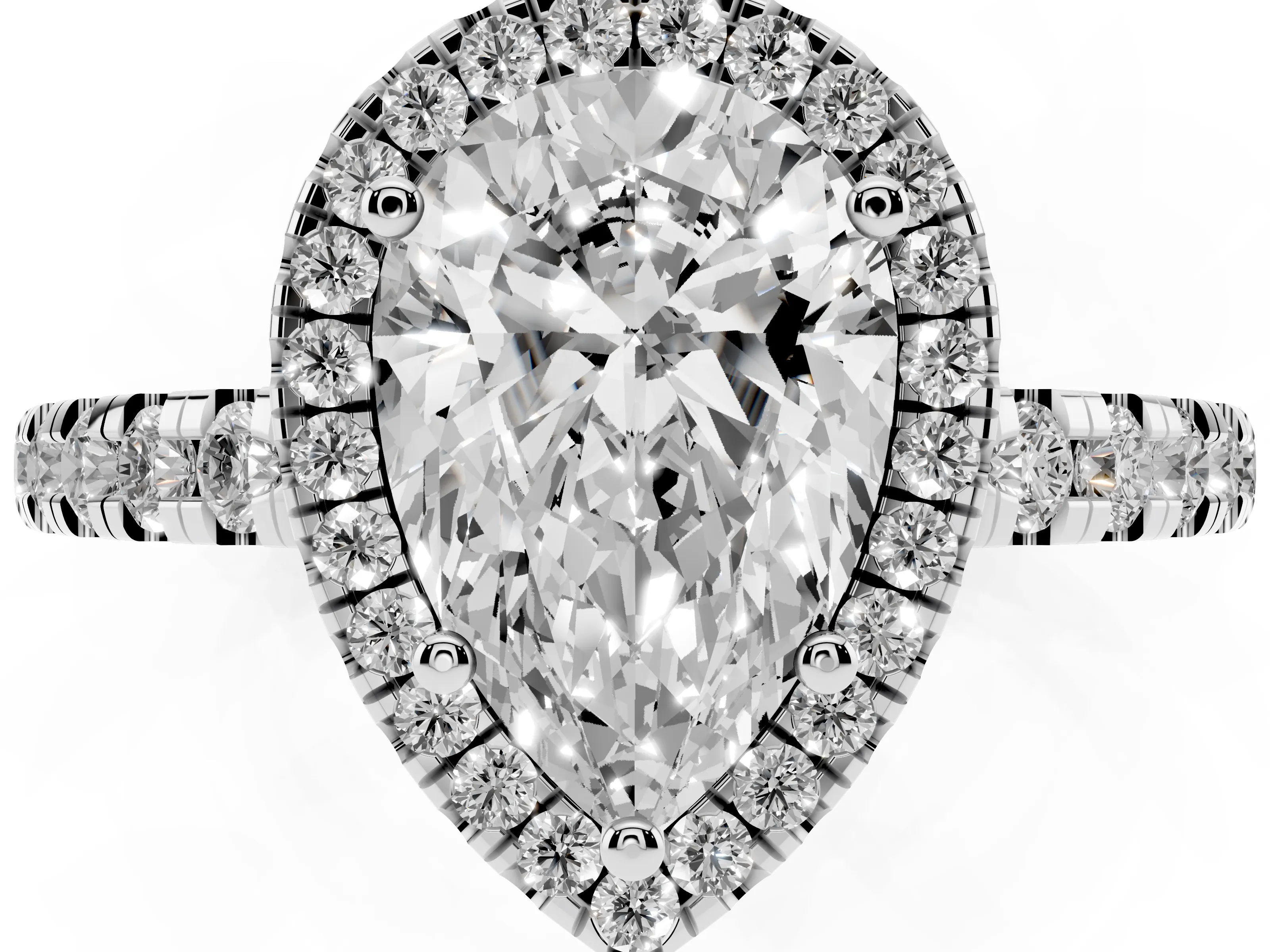 Pear Cut Diamond Halo Ring Set in White gold with Delicate Pavé Band and Prong Setting