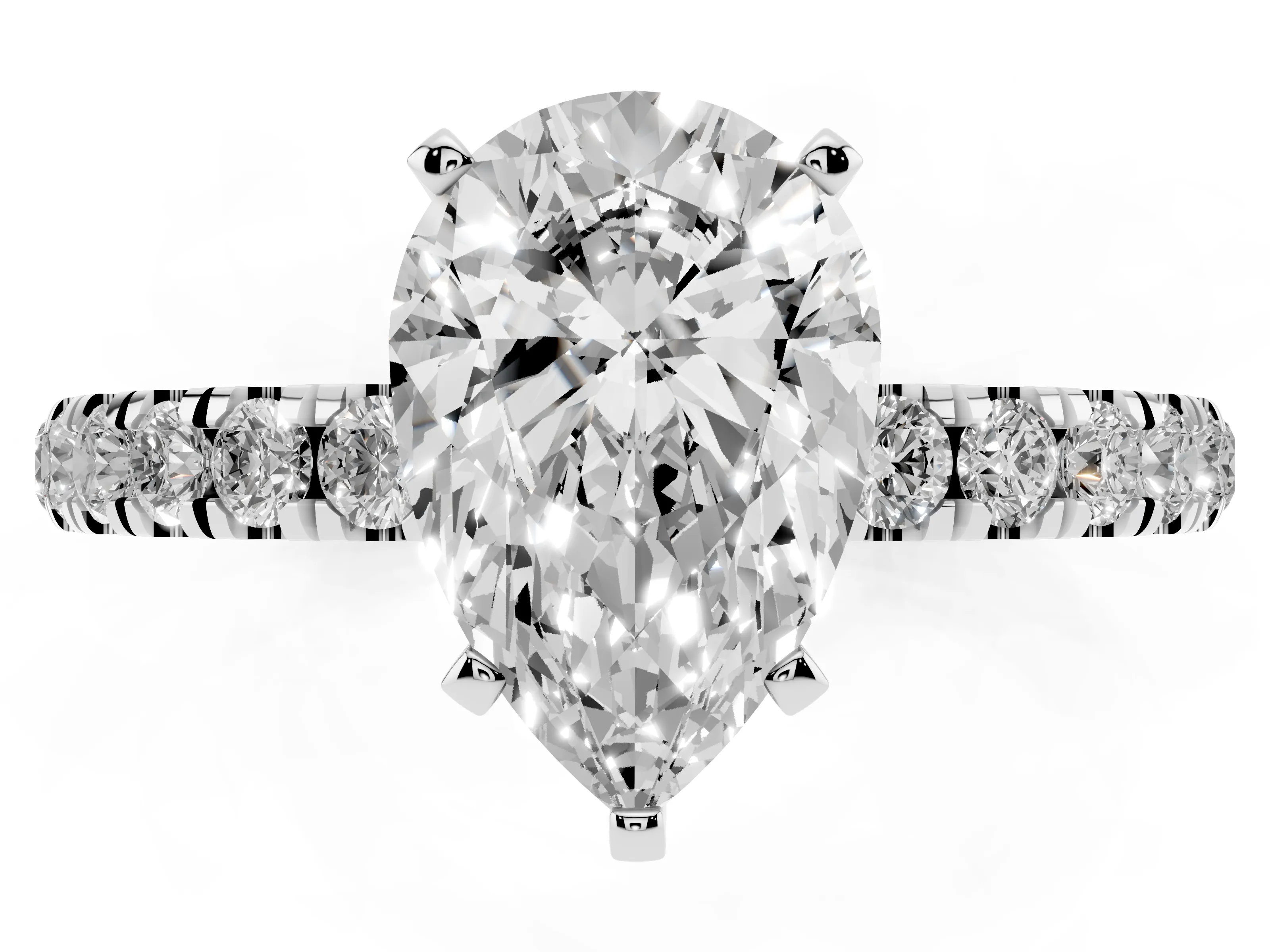 Pear Cut Diamond Solitaire Ring Set in White gold with Pavé Accents and Prong Setting