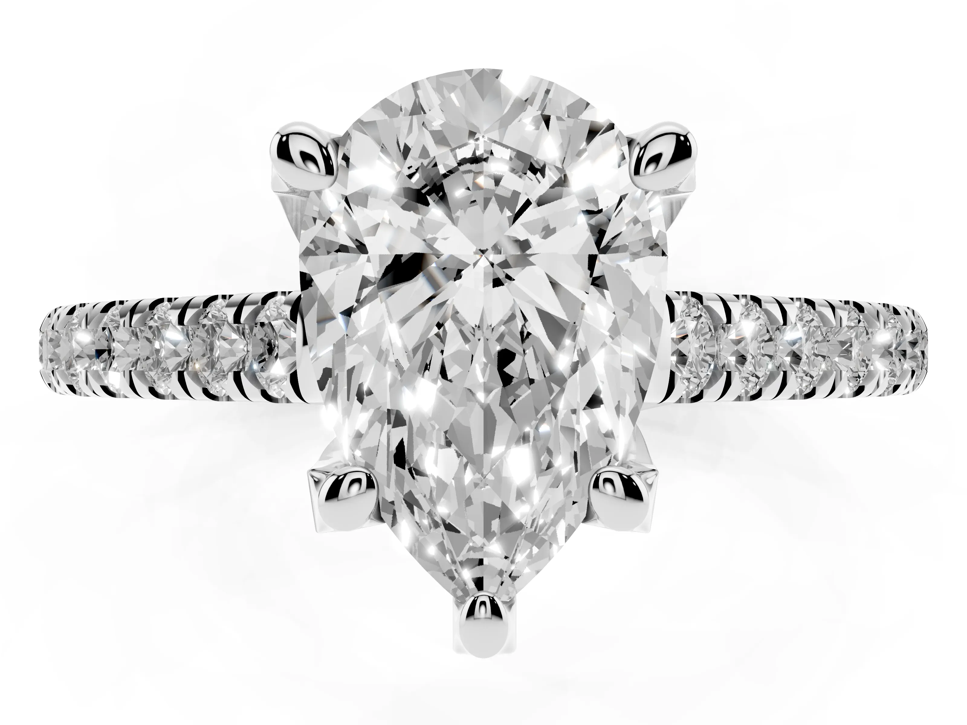 Pear Cut Diamond Solitaire Ring Set in Platinum with Brilliant Pavé Band and Prong Setting