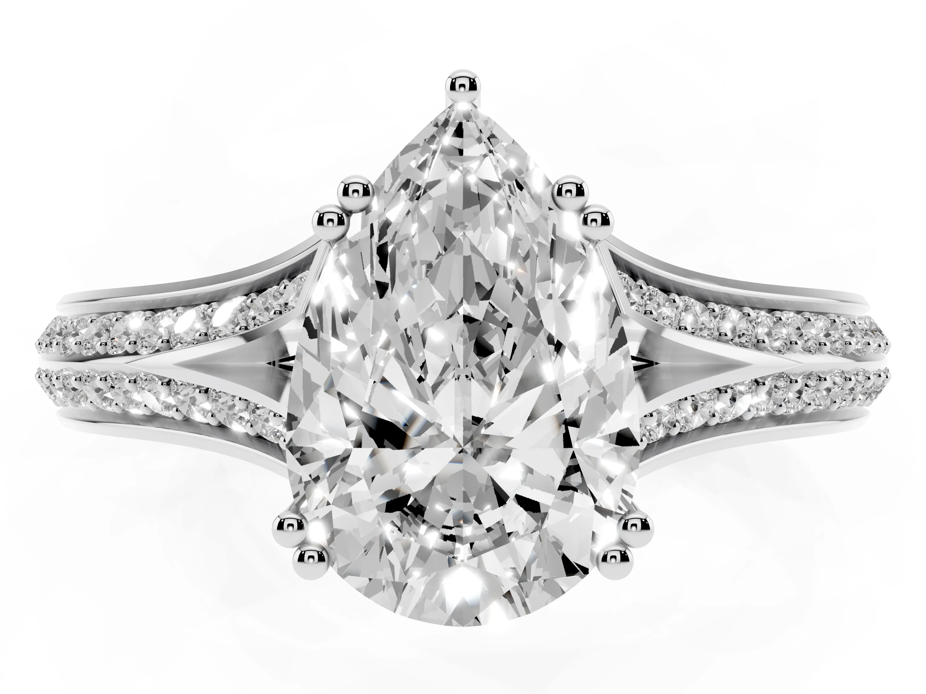Pear Cut Diamond Split Shank Pavé Engagement Ring Set in Silver with Prong-Set Center Stone