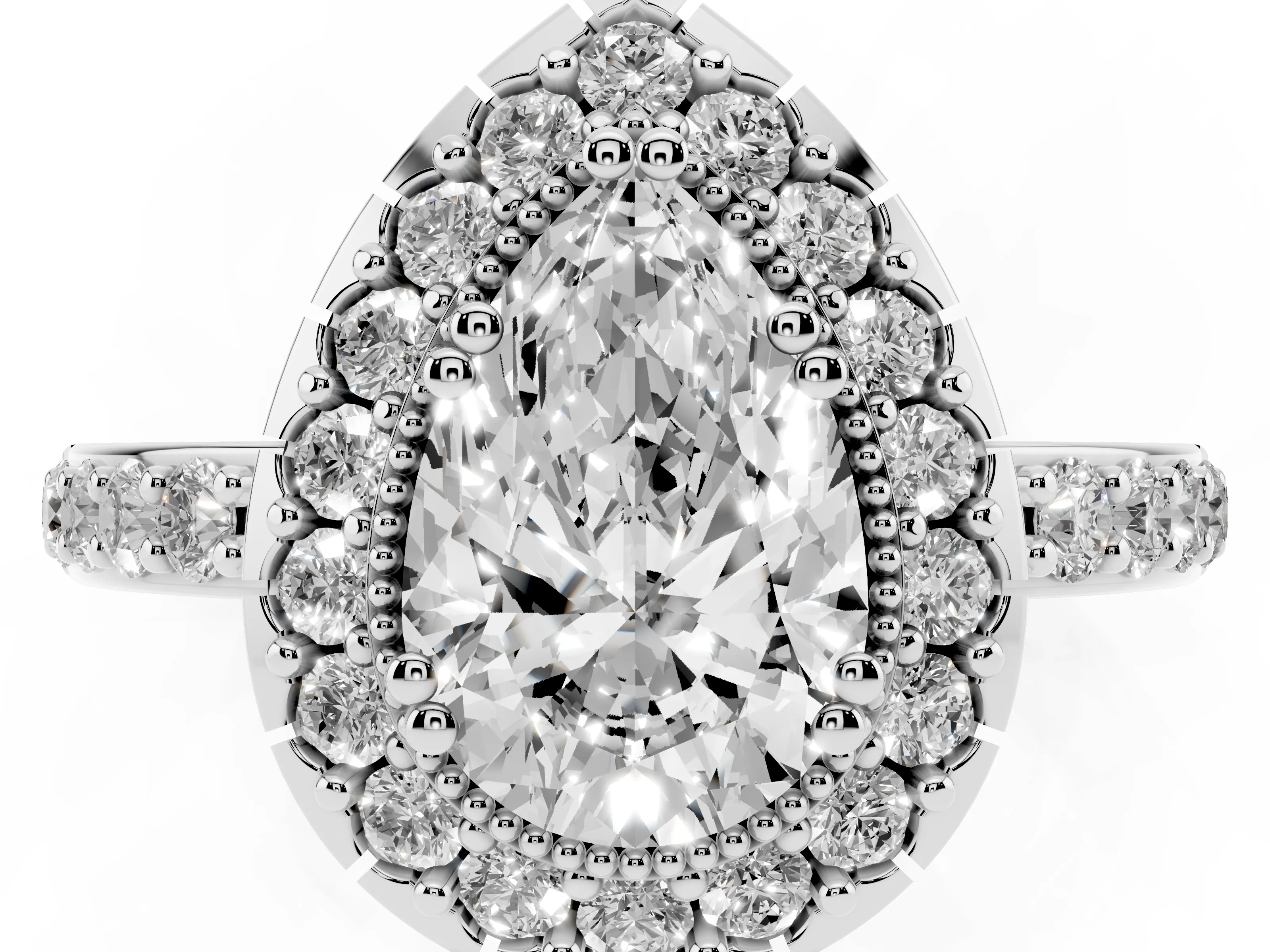 Pear Cut Diamond Halo Ring Set in Platinum with Pavé Shank and Prong Setting