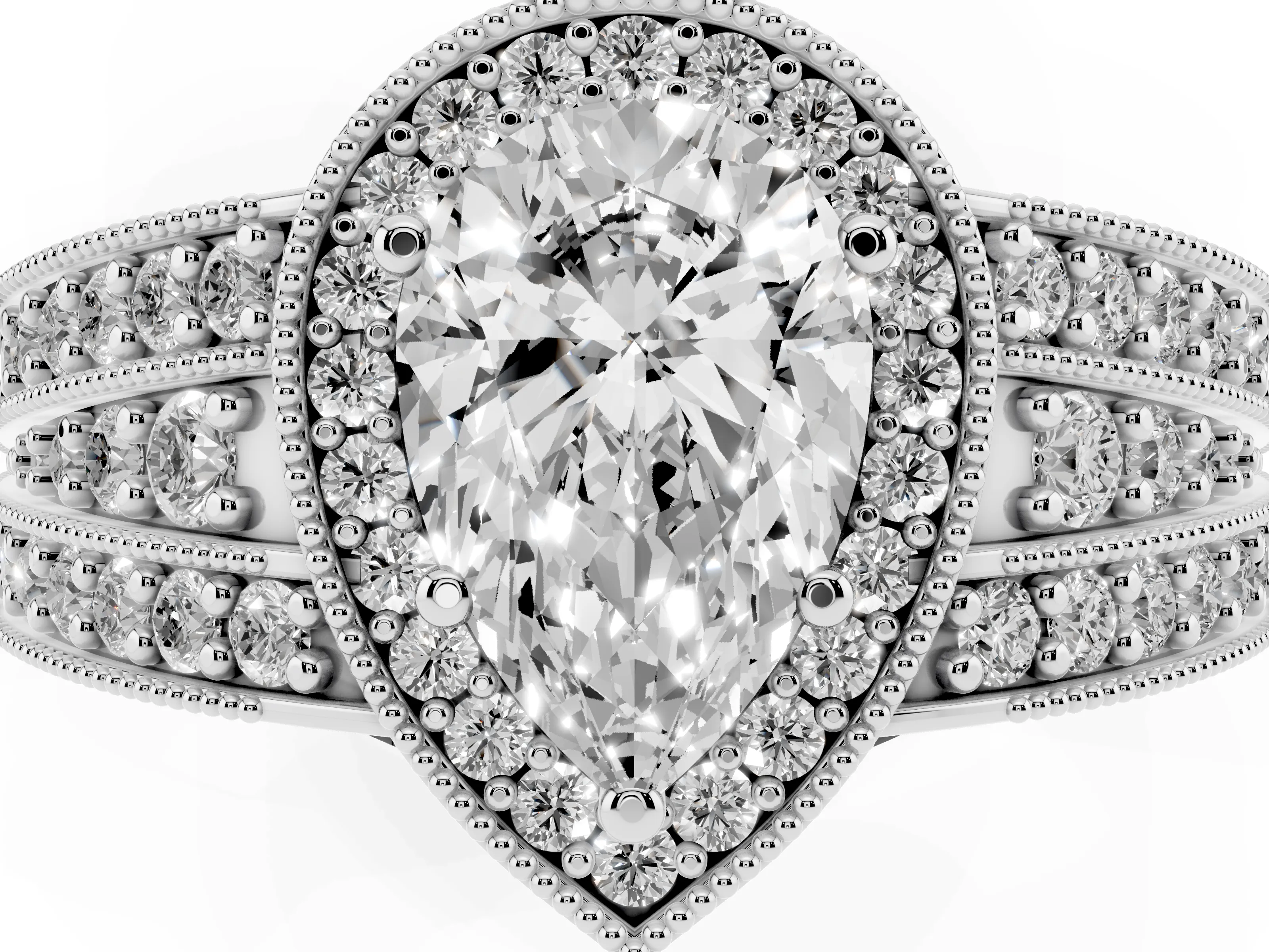 Pear Cut Diamond Halo Ring Set in Platinum with Accent Split Shank and Prong Setting